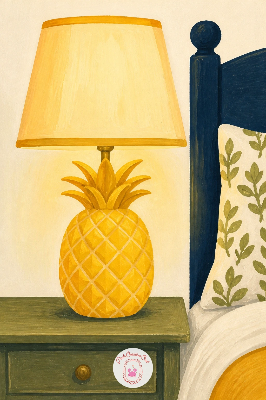 Pineapple-Shaped Lamp on a Nightstand — Turn the fruit into furniture for this quieter interior scene: a pineapple-shaped lamp glowing softly on a bedside