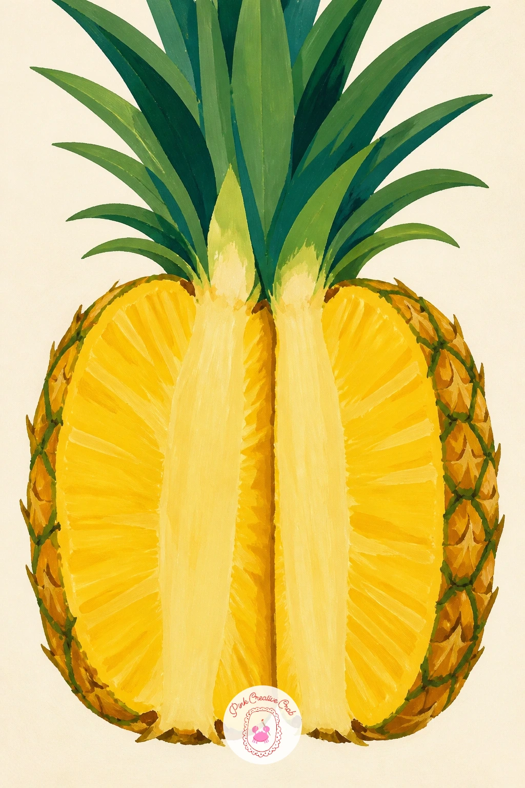 Pineapple Cut in Half — Show the inside of the fruit for this one, a pineapple sliced cleanly down the middle to reveal its golden flesh. Pineapple drawing