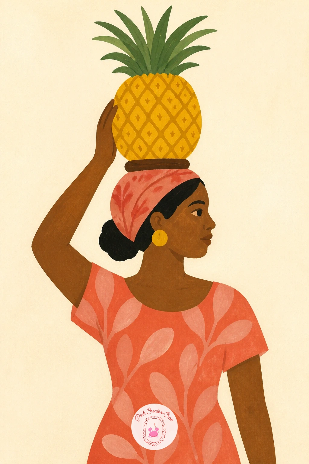 Pineapple Carried at a Market — Add a human figure for this one, a woman carrying a pineapple balanced on her head as she walks through a market scene.