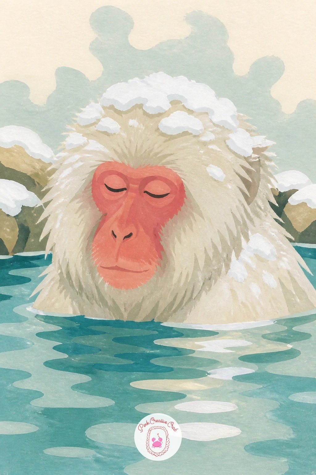Snow Monkey in a Hot Spring — Move next to a snow monkey soaking in a hot spring, a scene that rewards a calm, simple approach. Monkey painting