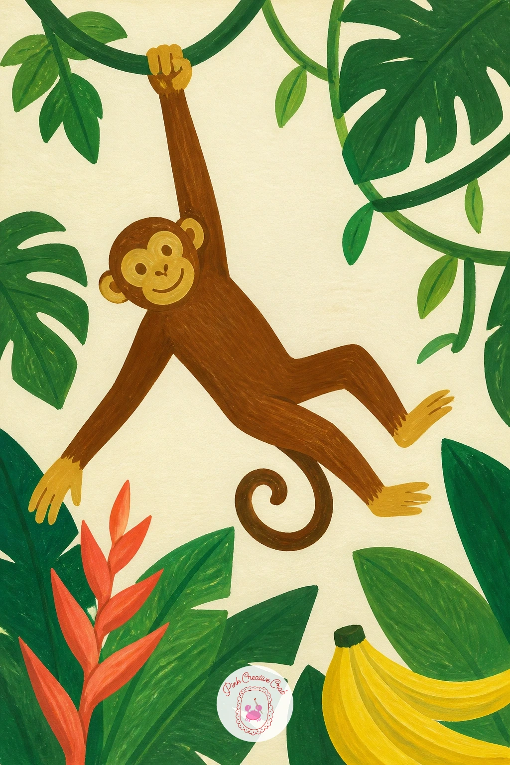 Monkey Swinging From a Vine — Swing into some movement with a monkey hanging from a vine by one arm, body stretched into a long diagonal curve. Monkey painting