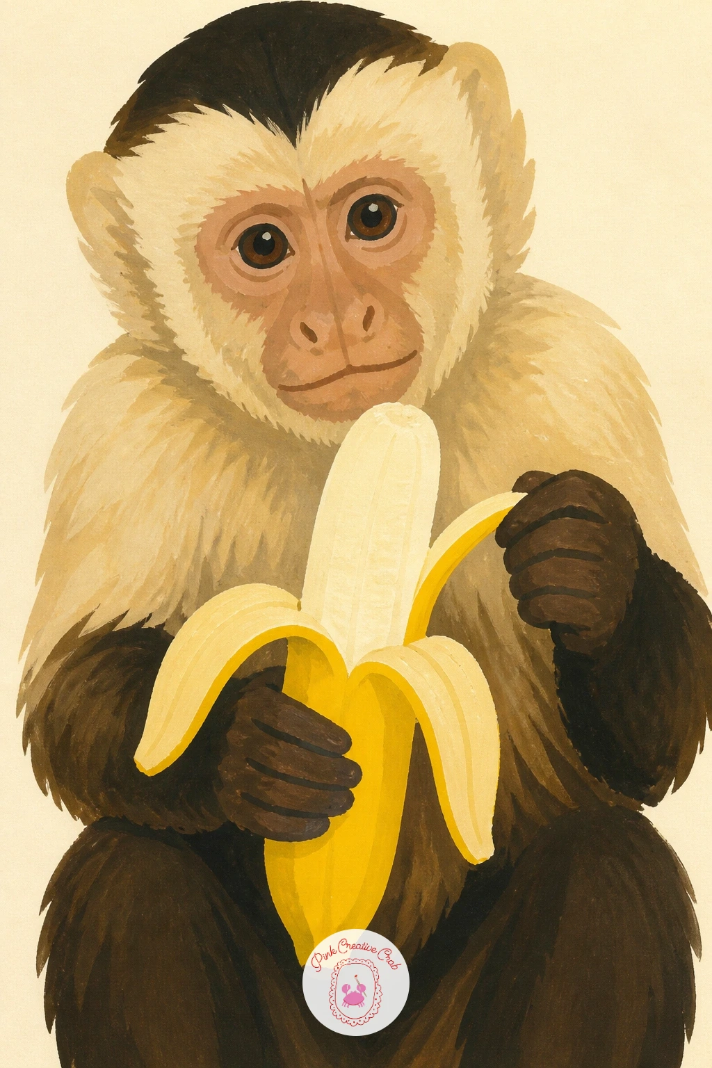Capuchin Peeling a Banana — Give yourself a satisfying prop painting with a capuchin peeling a banana, sitting upright with the fruit held in both hands.