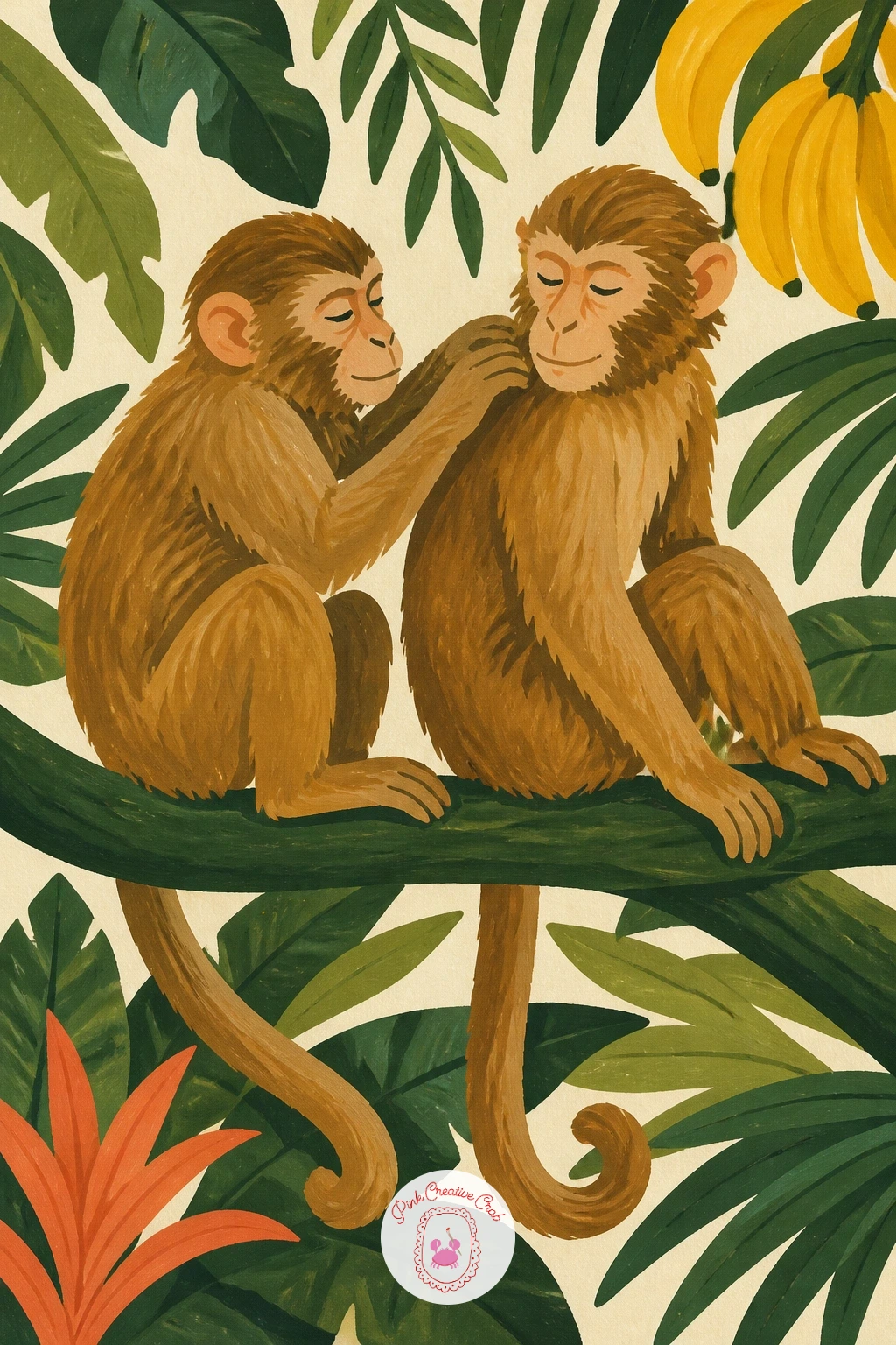 Two Monkeys Grooming on a Branch — Build on that sitting pose with two monkeys grooming each other on a branch, a gentle scene full of quiet affection. Monkey