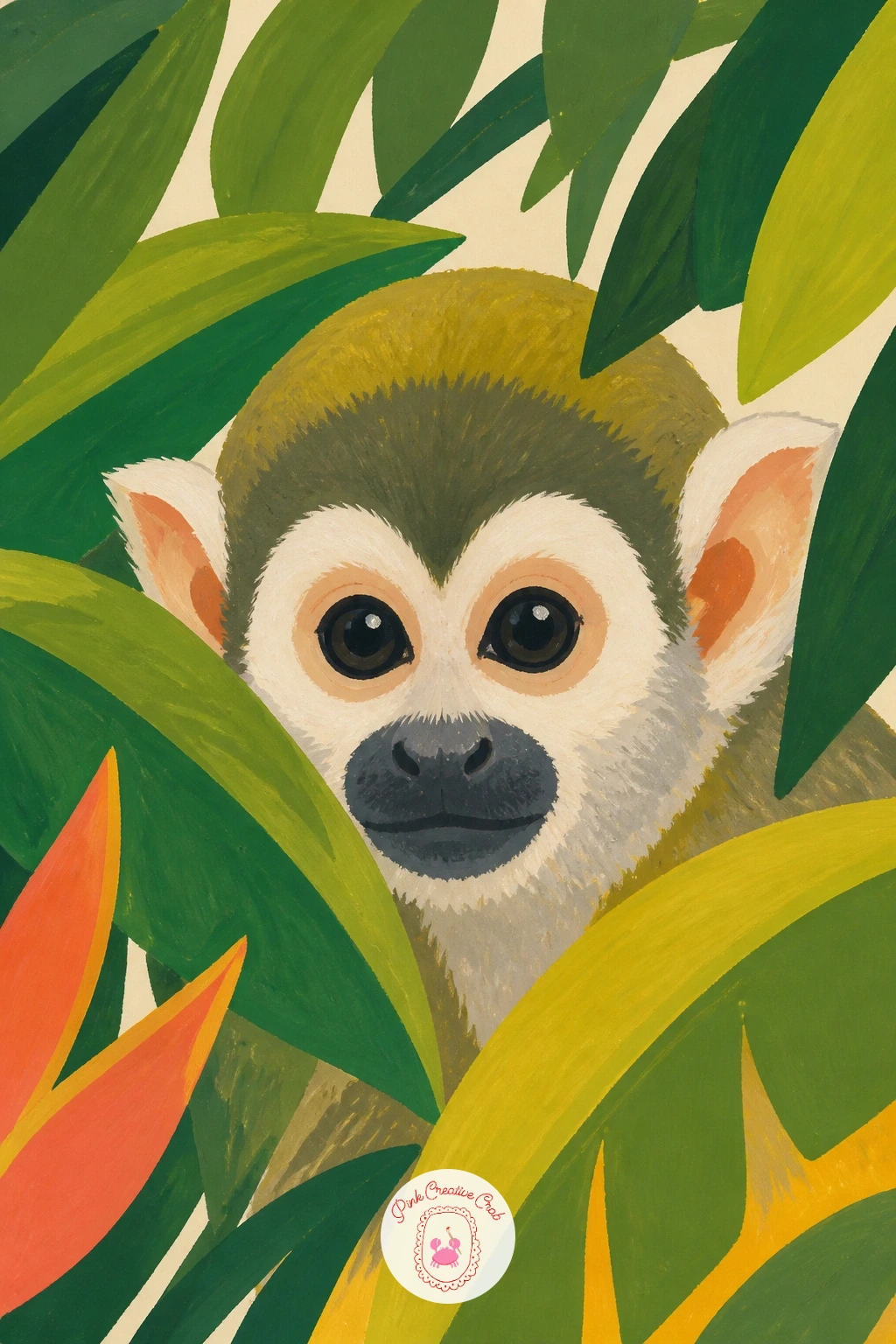 Squirrel Monkey Peeking Through Leaves — Try a squirrel monkey peeking through leaves next, a close-up composition that fills the page with just a face and