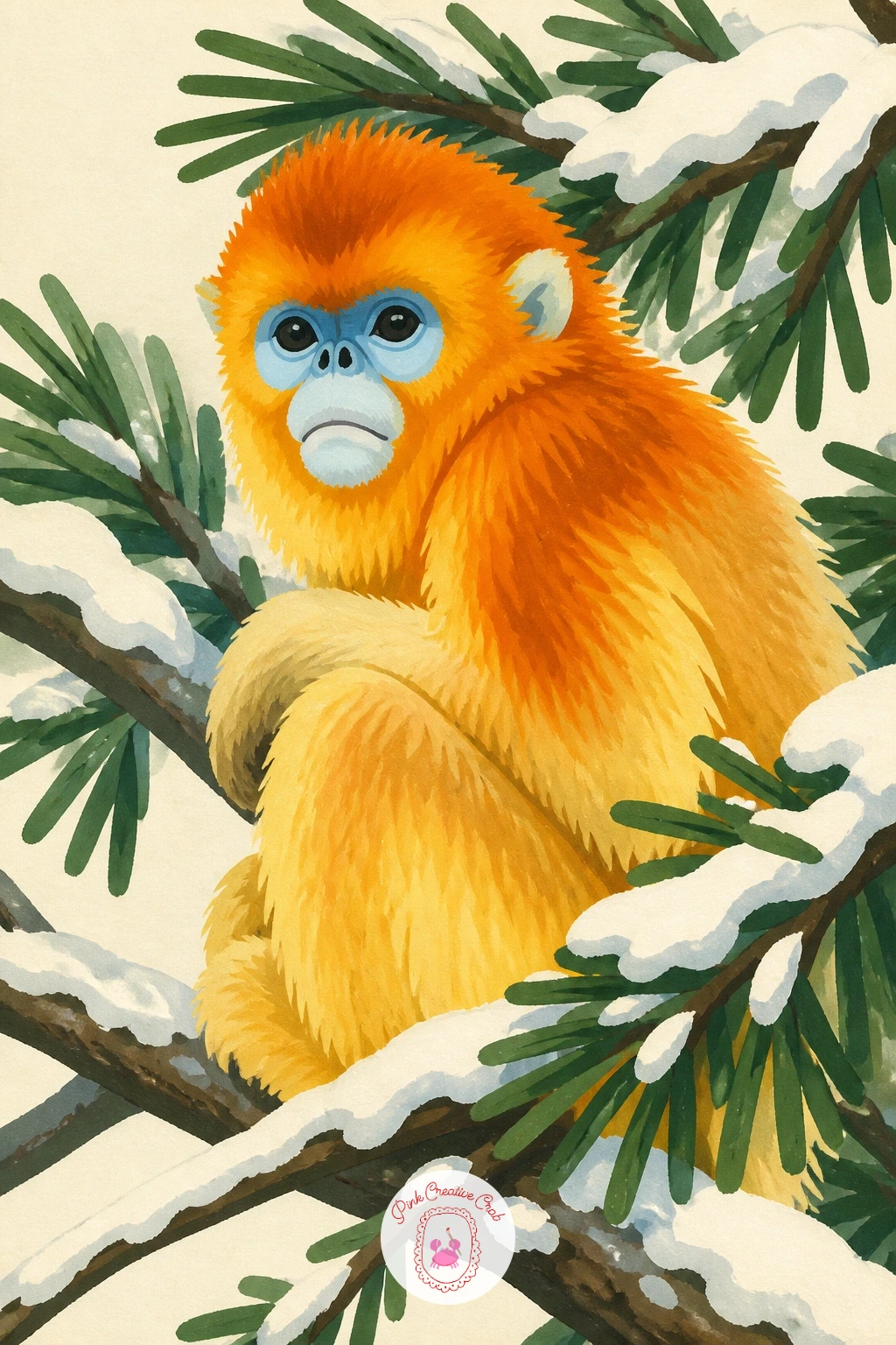 Golden Snub-Nosed Monkey in Snowy Pines — Shift into winter with a golden snub-nosed monkey in snowy pines, one of the most striking color combinations on this