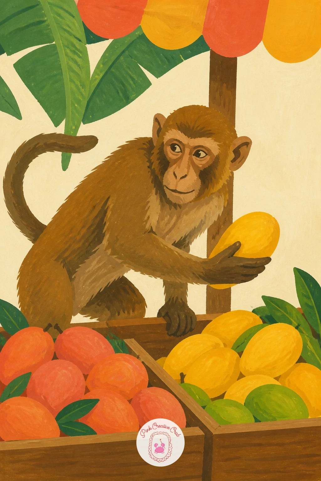 Monkey Stealing a Mango From a Market Stall — Build a small narrative with a monkey stealing a mango from a market stall, which brings in a bit of setting