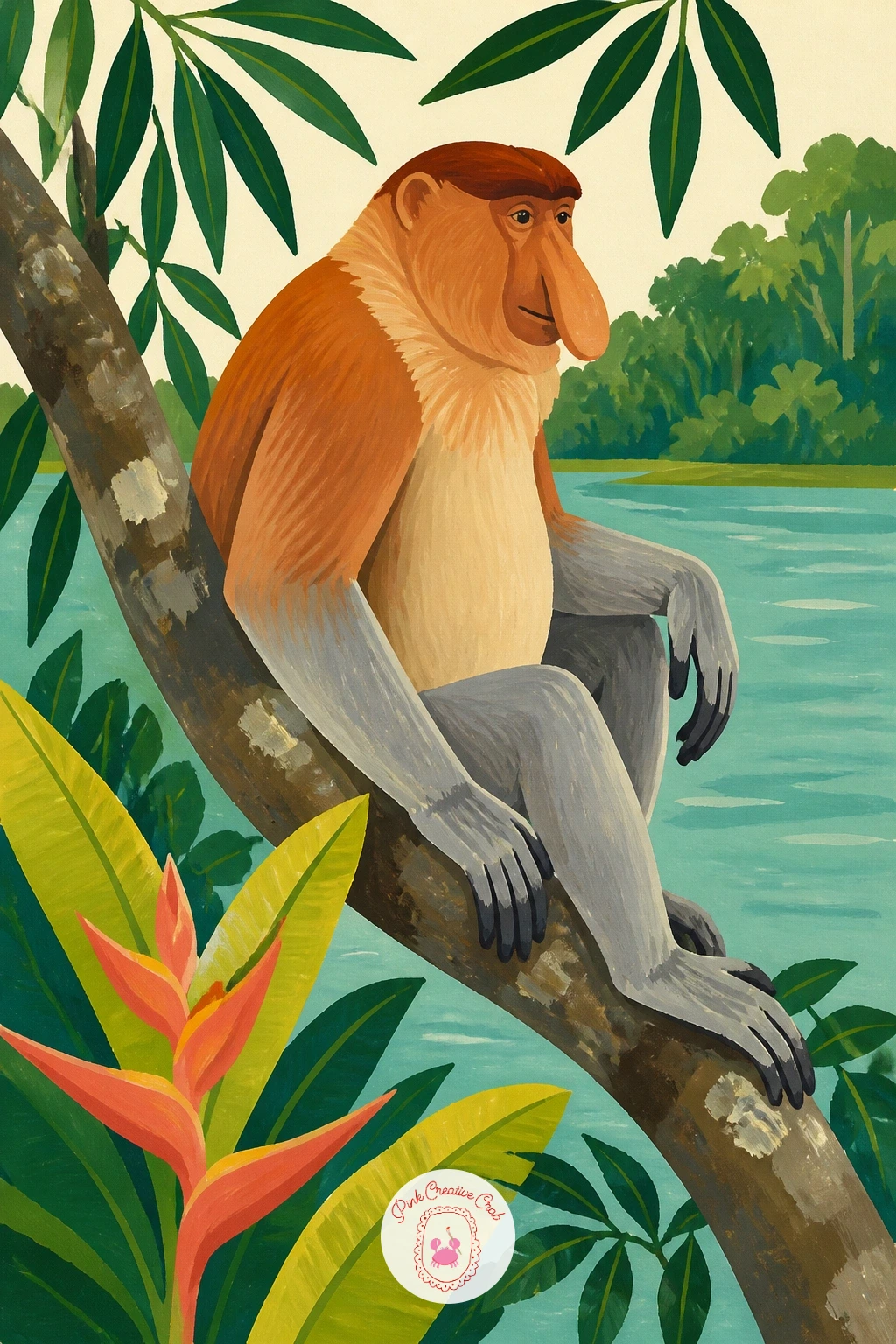 Proboscis Monkey by a River — Paint a proboscis monkey by a river for a profile portrait built entirely around one unmistakable feature, its long nose. Monkey