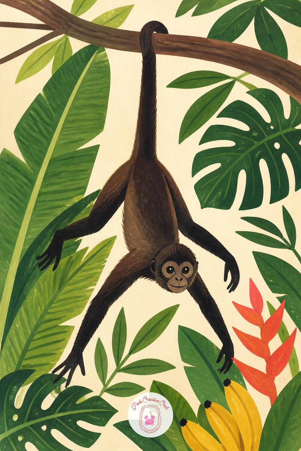 Spider Monkey Hanging by Its Tail — Take on a spider monkey hanging by its tail, a pose built on one long sweeping curve from the branch to the head. Monkey