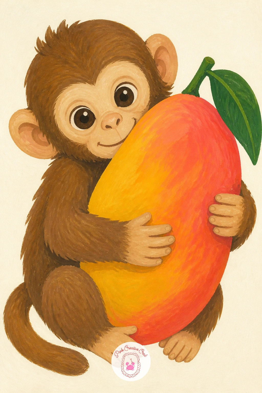 Baby Monkey Hugging a Mango — Soften things with a baby monkey hugging a mango nearly as big as its own body, a composition that leans entirely on charm.