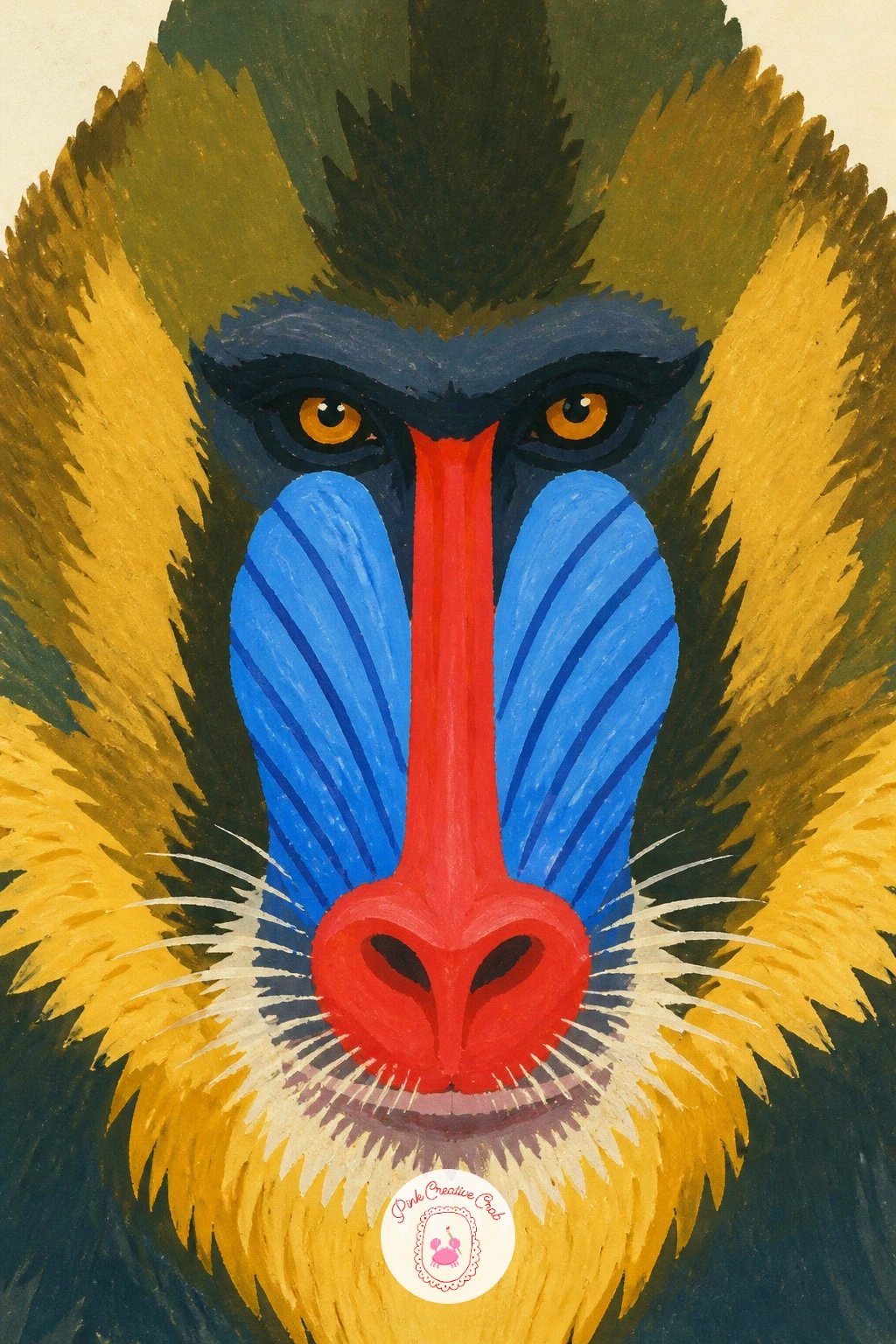 Mandrill With Its Bright Face — Take on a mandrill with its bright blue and red face, the boldest color moment in the whole series. Monkey painting