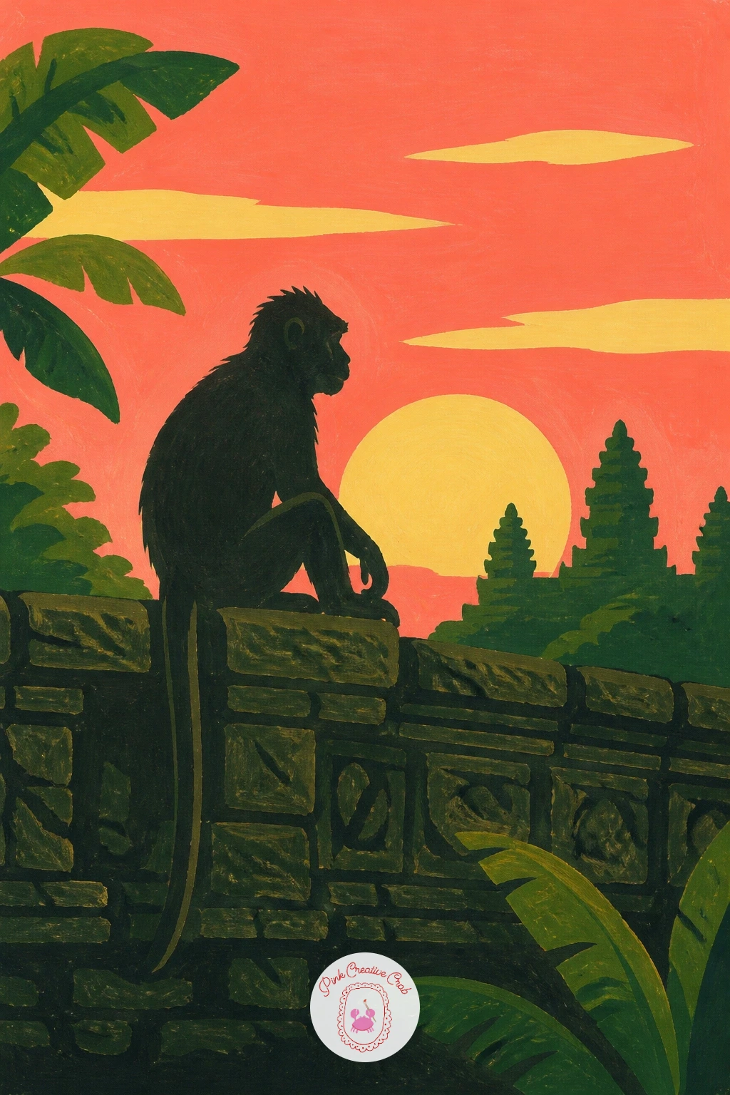 Monkey on a Temple Wall at Sunrise — Set a monkey sitting on a temple wall at sunrise for a scene built around warm backlighting. Monkey painting