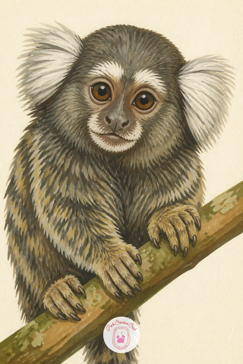 Tiny Marmoset on a Finger-Sized Branch — Go small-scale with a tiny marmoset perched on a branch no thicker than a finger, a piece that works beautifully as a