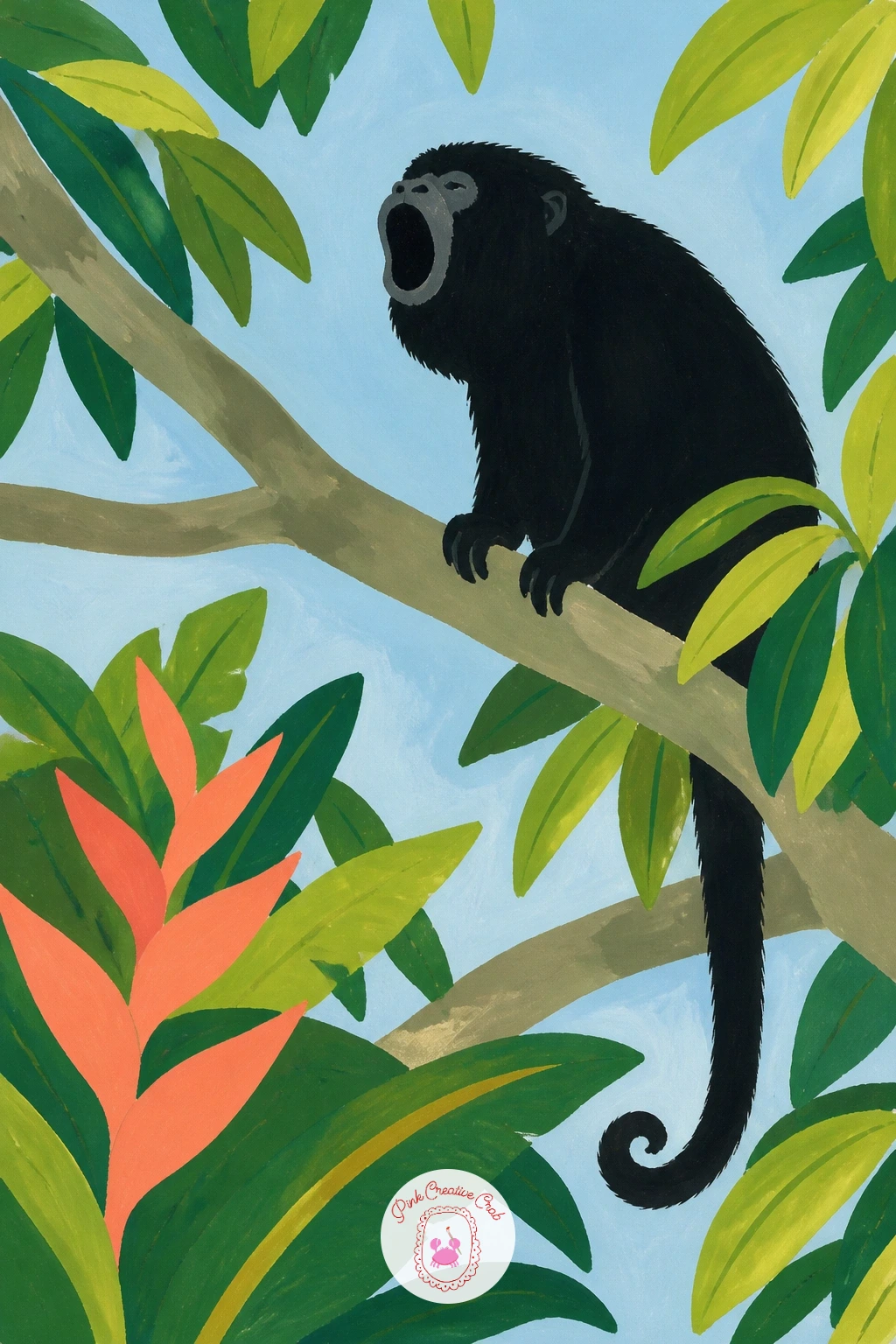 Howler Monkey Calling From a Treetop — Capture a howler monkey calling from a treetop, mouth wide open mid-call, for a pose full of energy. Monkey painting