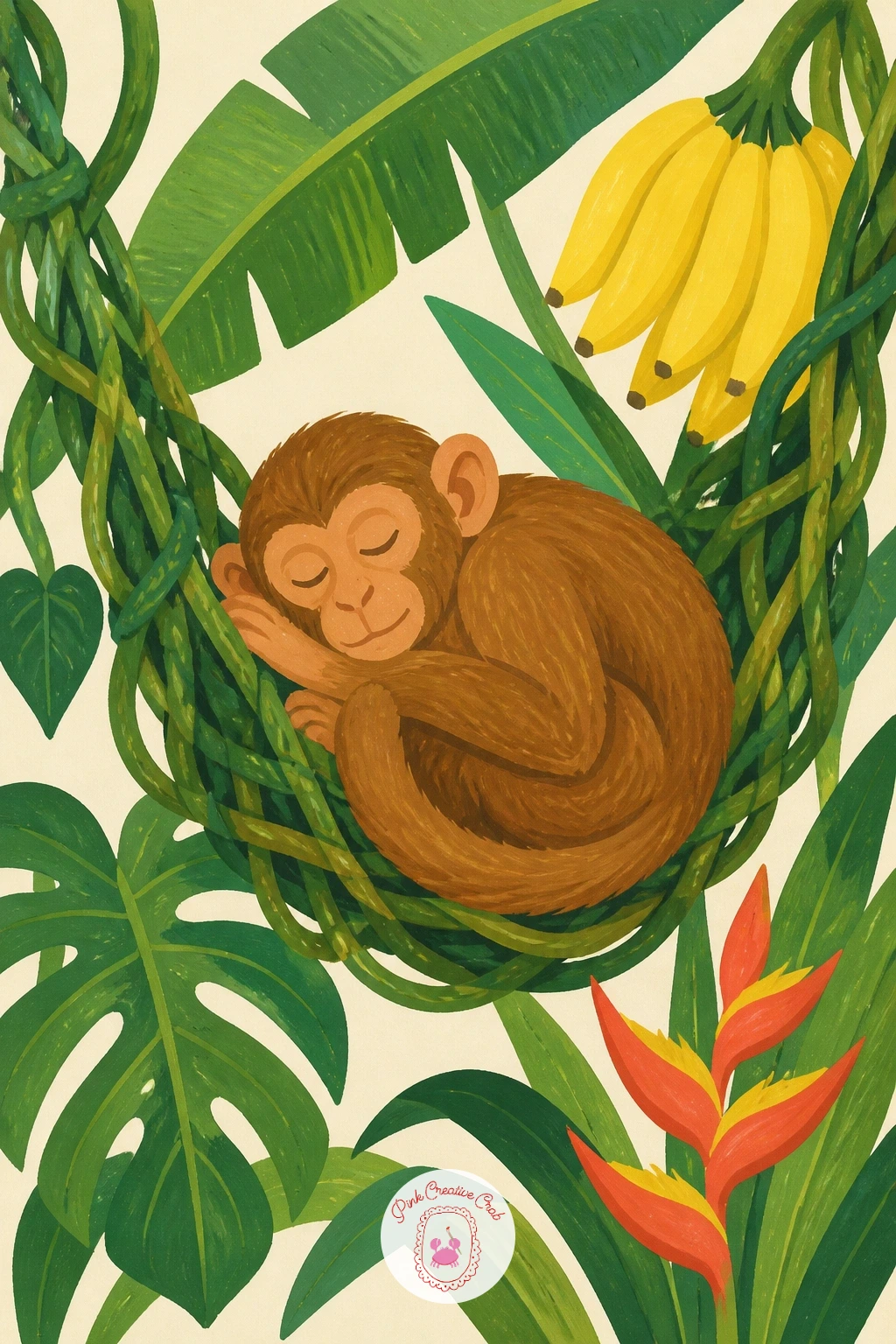 Monkey Asleep in a Hammock of Vines — Slow the pace with a monkey asleep in a hammock made of woven vines, a cozy scene that leans on soft curves. Monkey