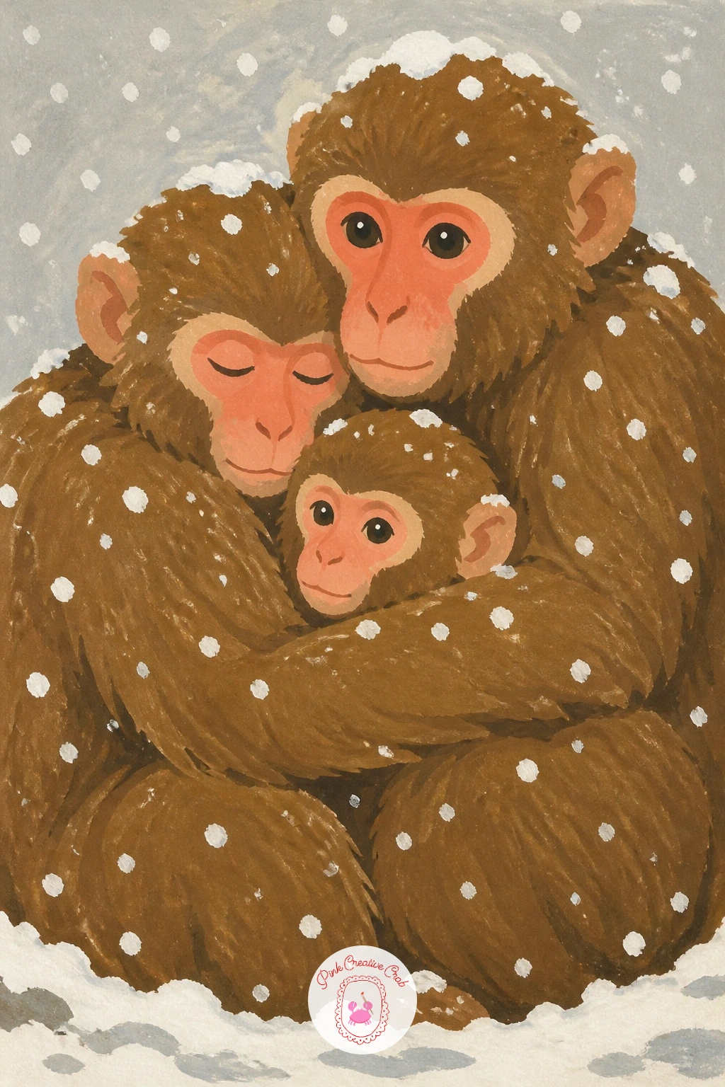 Monkey Family Huddled in the Snow — Return to winter with a monkey family huddled together in the snow, three or four bodies pressed close for warmth. Monkey