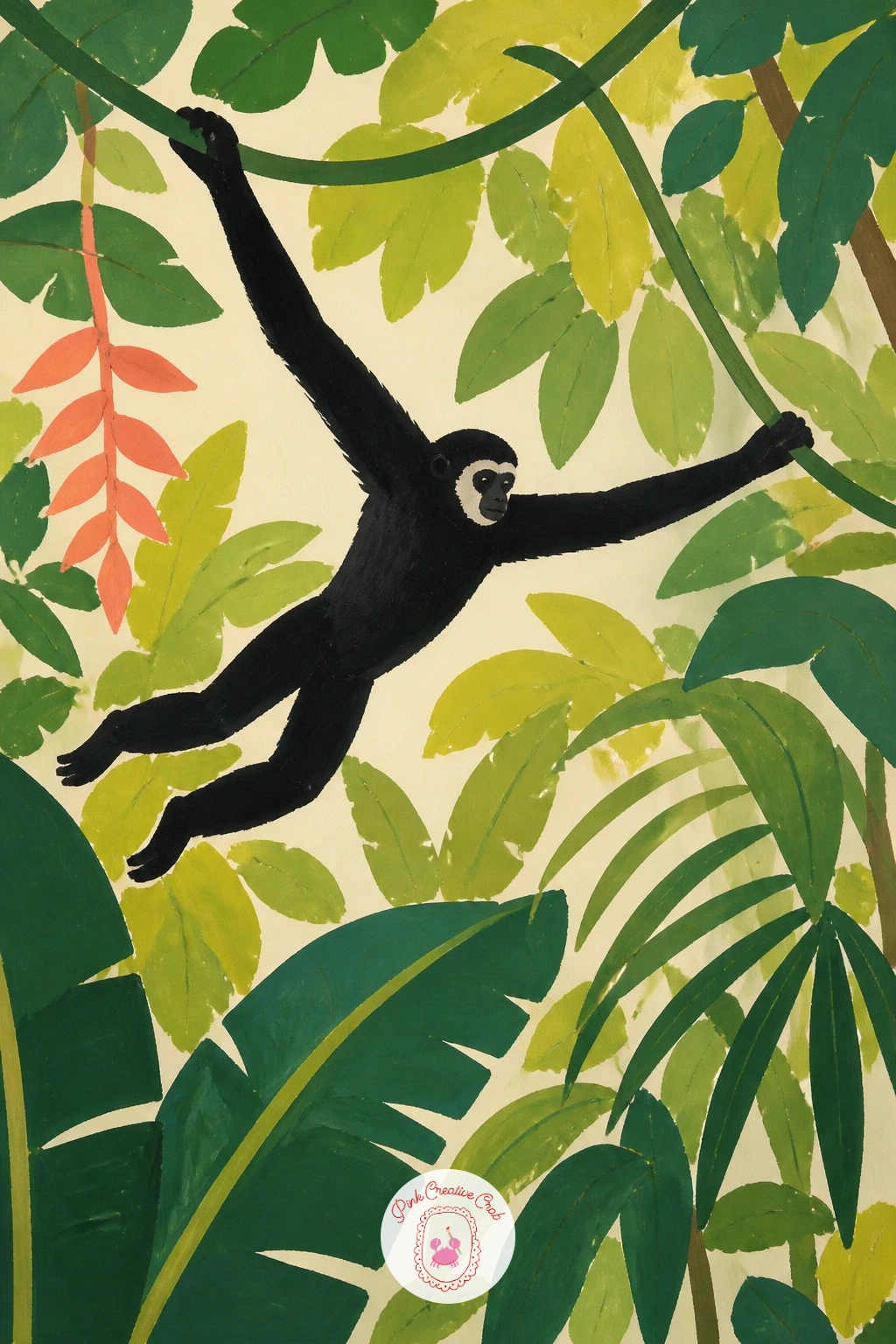 Gibbon Swinging Across the Canopy — Capture motion with a gibbon swinging across the canopy, long arms stretched in full mid-swing brachiation. Monkey painting