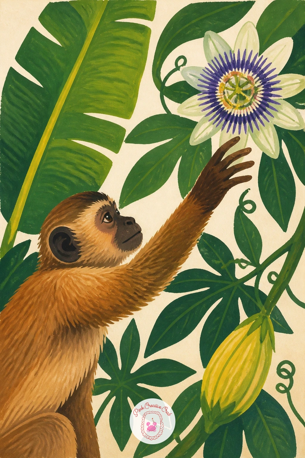 Monkey Reaching for a Passion Flower — Paint a monkey reaching for a passion flower for a composition built around one delicate focal detail. Monkey painting