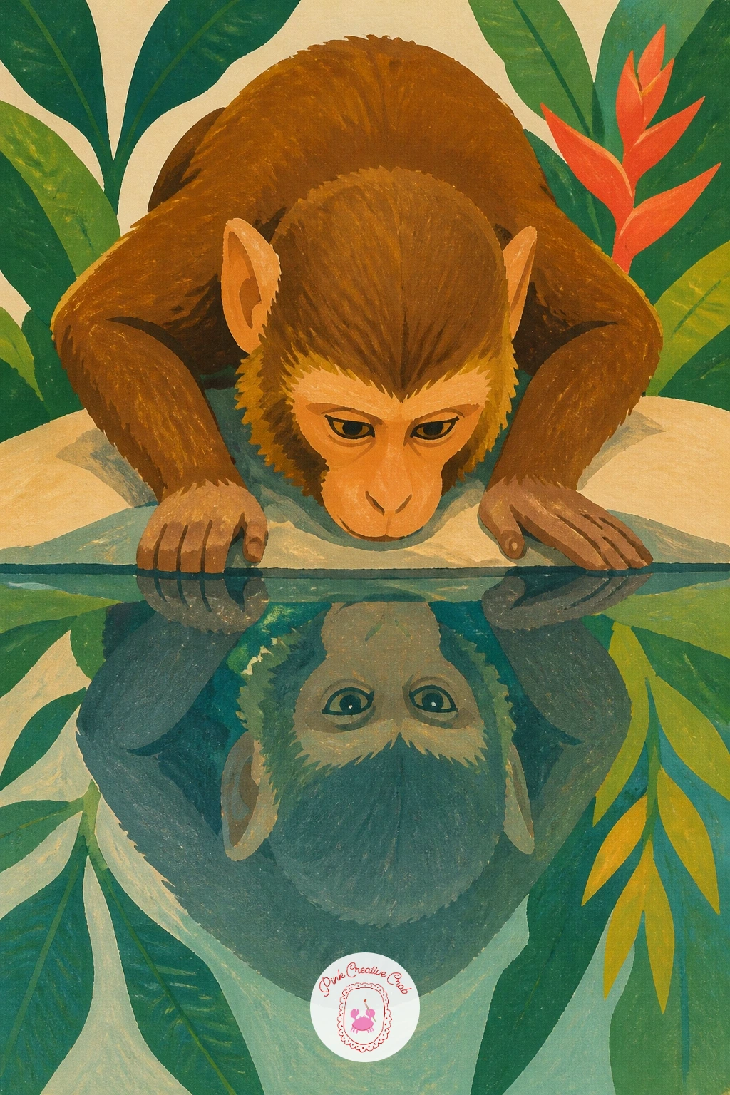 Monkey Looking at Its Reflection in a Pool — Try a monkey looking at its own reflection in a still pool, a composition that depends on a convincing mirror