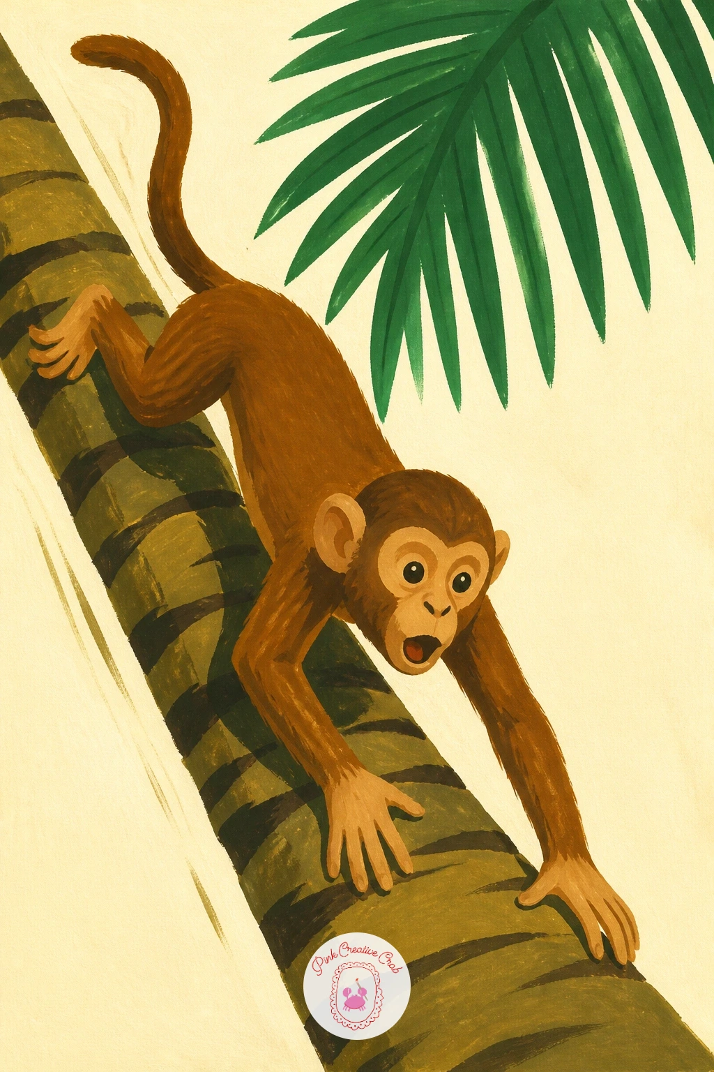 Monkey Sliding Down a Palm Trunk — Paint a monkey sliding down a palm trunk for a fast, playful action pose. Monkey painting