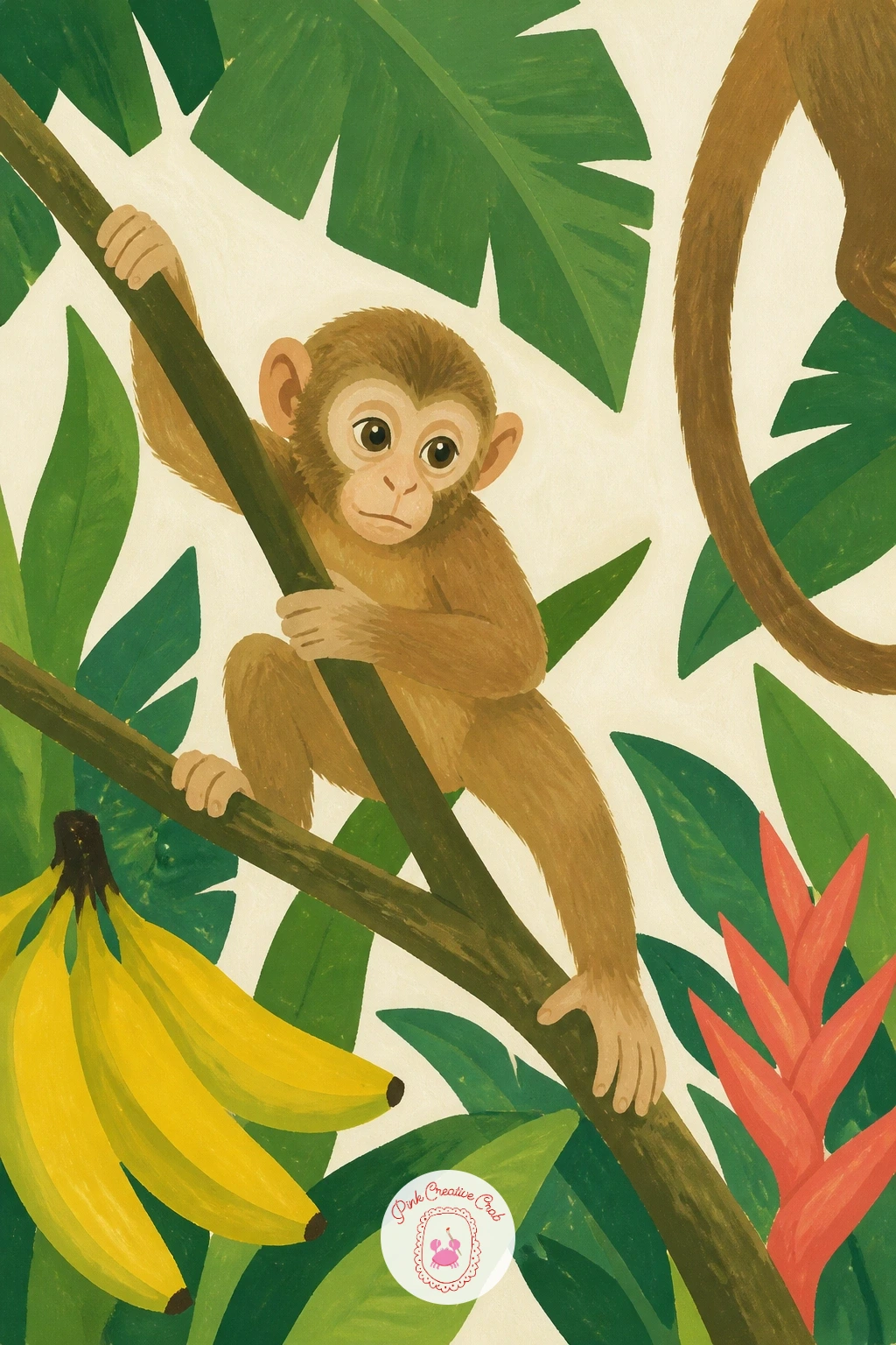 Baby Monkey Learning to Climb — Paint a baby monkey learning to climb, caught in an uncertain, slightly wobbly pose partway up a branch. Monkey painting