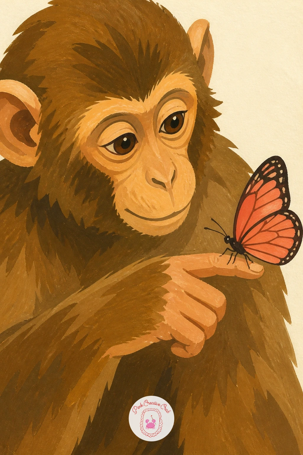 Monkey With a Butterfly on Its Finger — Paint a monkey with a butterfly resting on its finger for a quiet, detailed close-up moment. Monkey painting