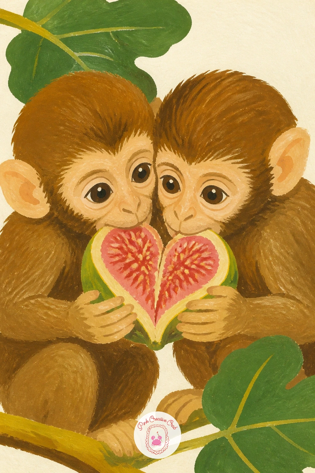 Two Baby Monkeys Sharing a Fig — Close the series with two baby monkeys sharing a fig, a sweet final scene full of small overlapping shapes. Monkey painting