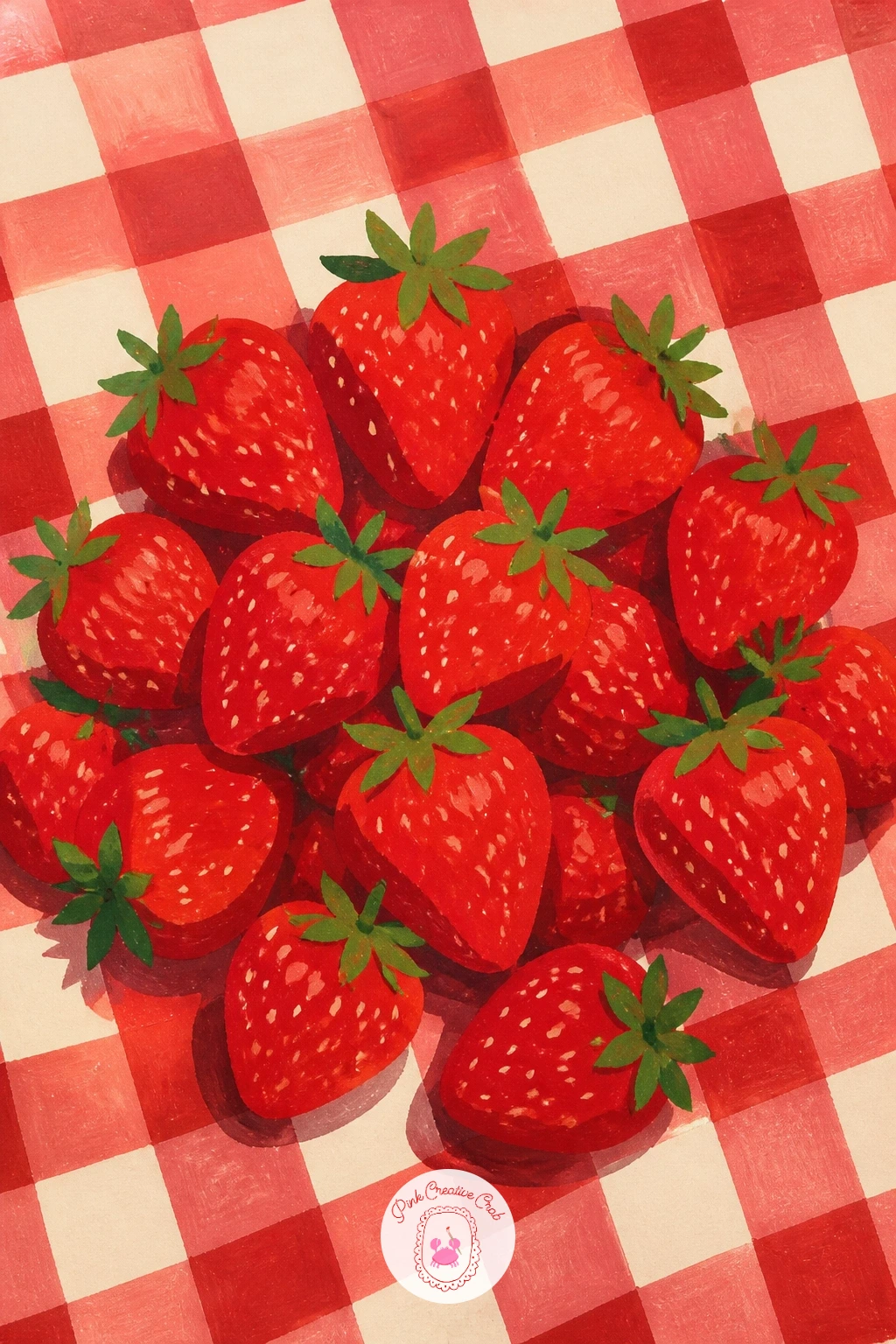 Strawberry Picnic on Gingham Blanket — Lay down the red gingham blanket as your base, painting the grid pattern with a ruler-guided fine brush in two values of