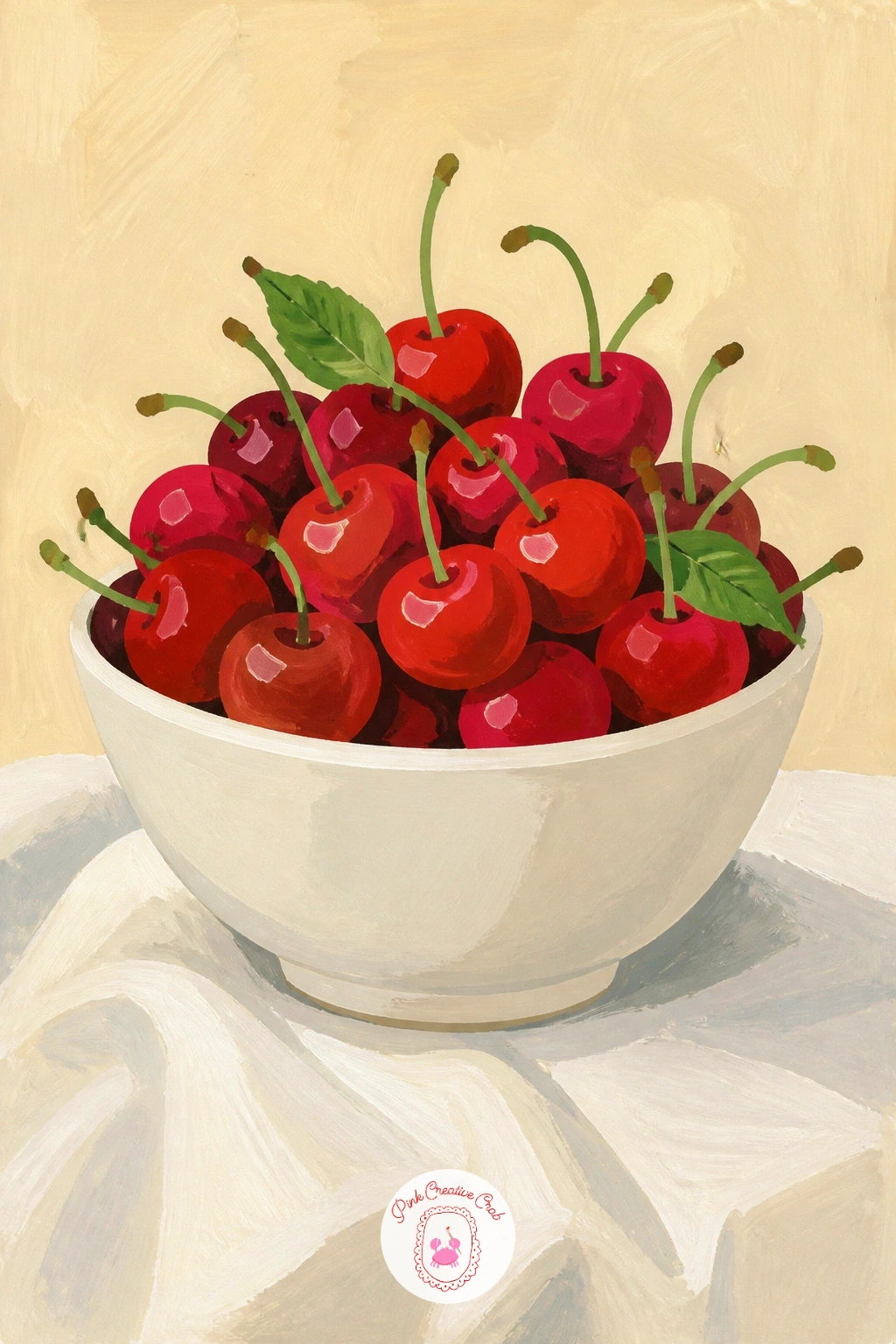 Bowl of Cherries on White Tablecloth — After a street scene, settle into something quieter: a bowl of cherries. Red painting