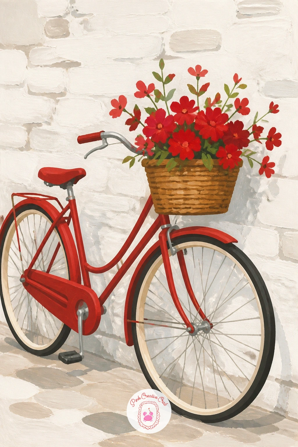 Red Bicycle Leaning on Whitewashed Wall — Swap fruit for an object with real personality: a red bicycle. Red painting
