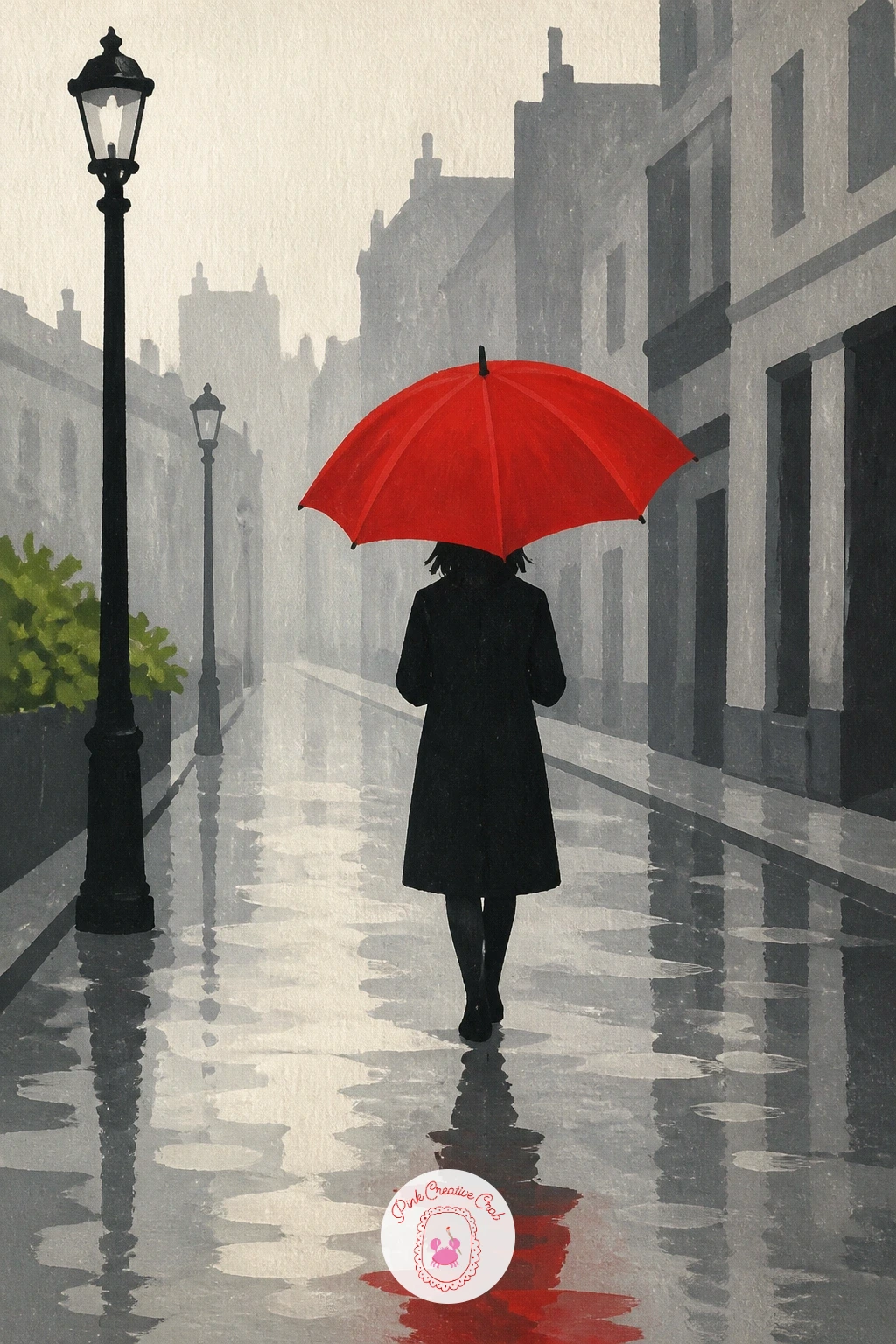 Red Umbrella on a Grey Rainy Street — Give the red a grey stage to shine against. Red painting