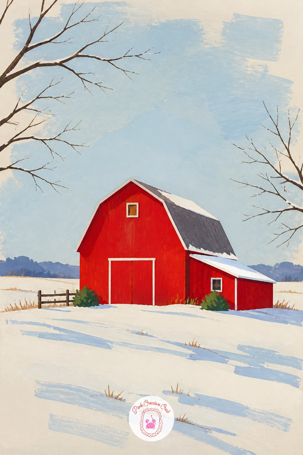 Red Barn in a Snowy Field — Carry that same grey-against-red idea into a landscape: a red barn in snow. Red painting
