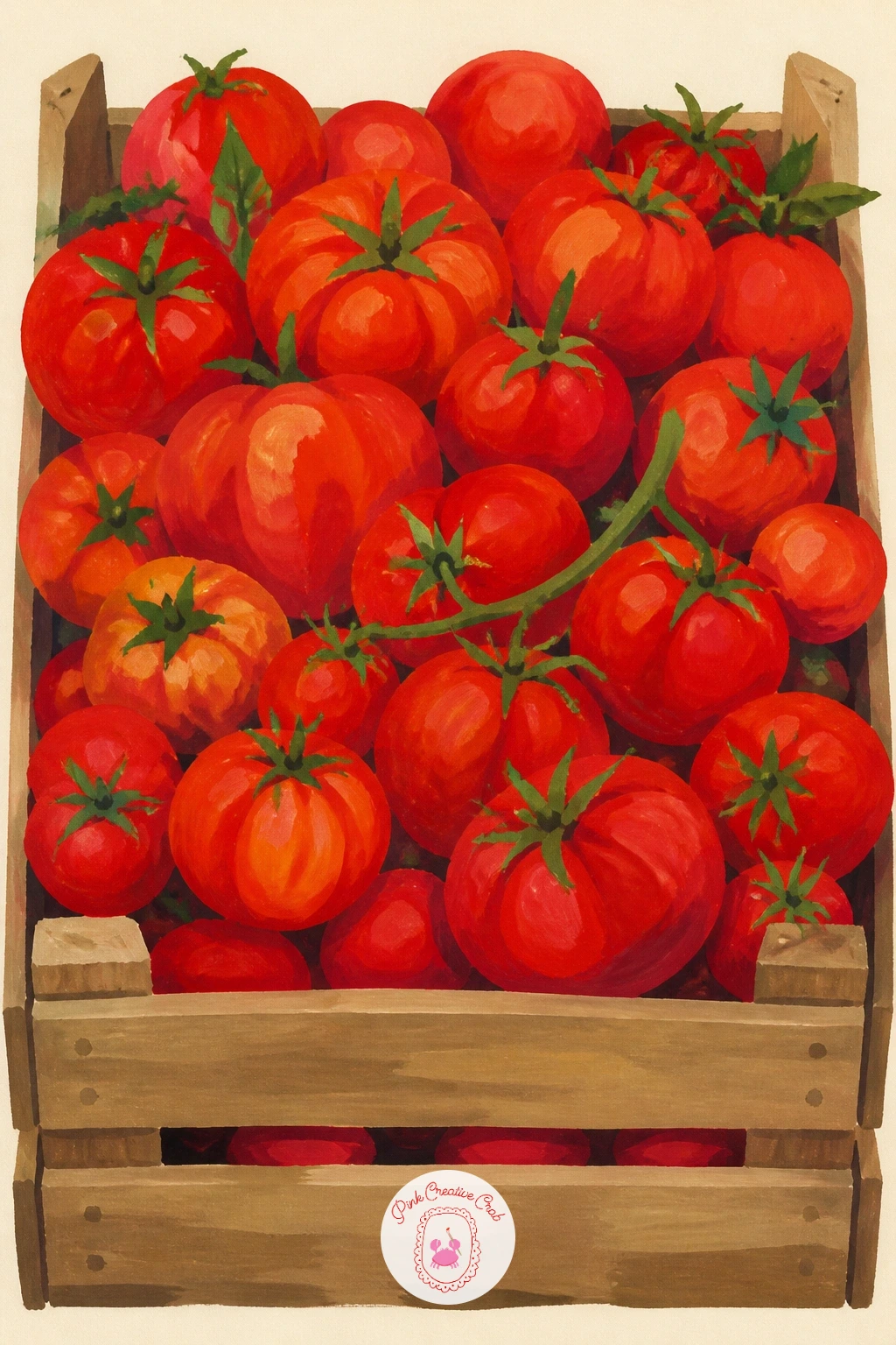 Tomato Harvest in a Wooden Crate — Move from a landscape to something closer up and warmer: a crate of fresh tomatoes. Red painting