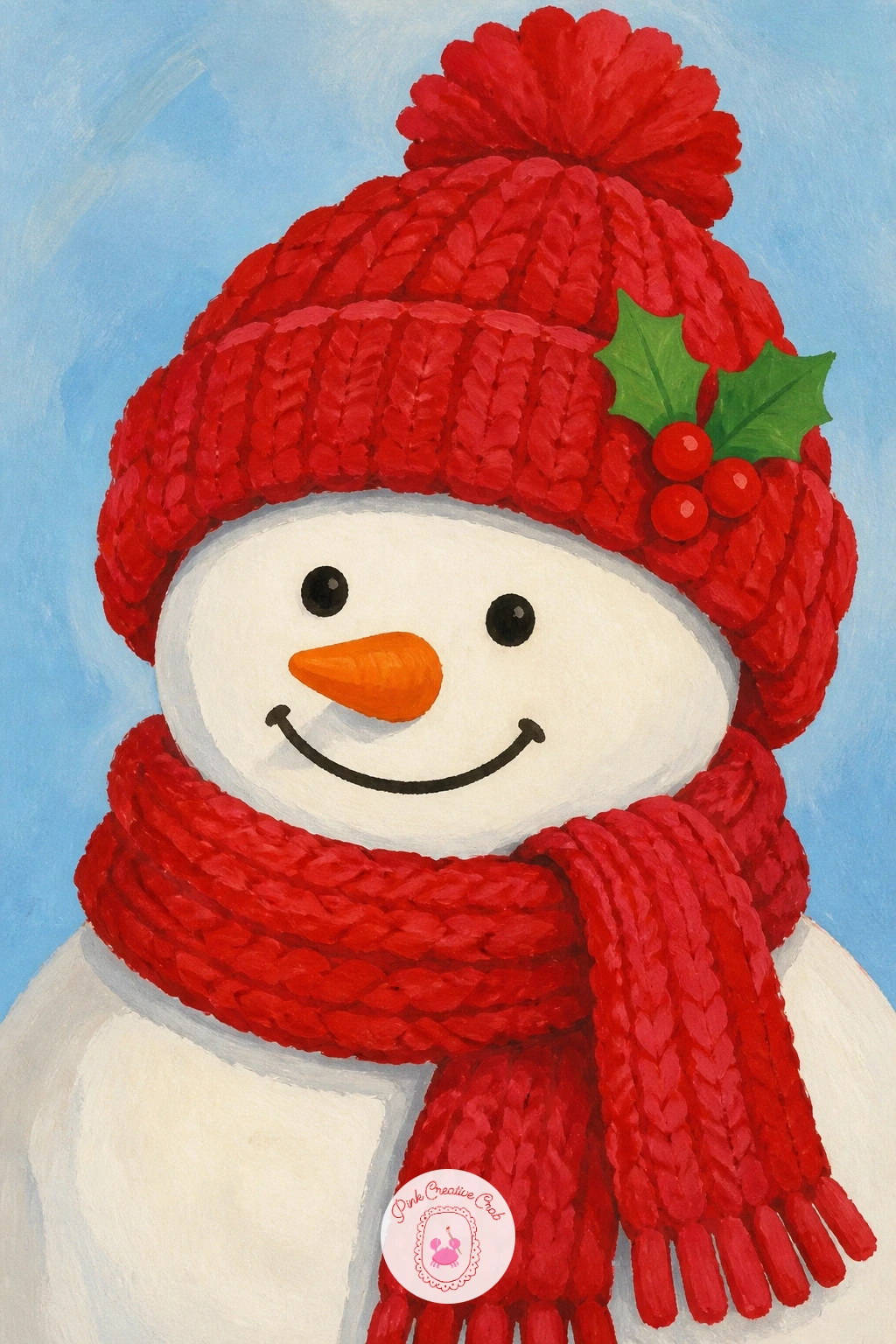 Red Knitted Hat on a Snowman — Bring in one of the classic winter reds with a twist: paint the snowman's hat as the real subject, bold and knitted-looking
