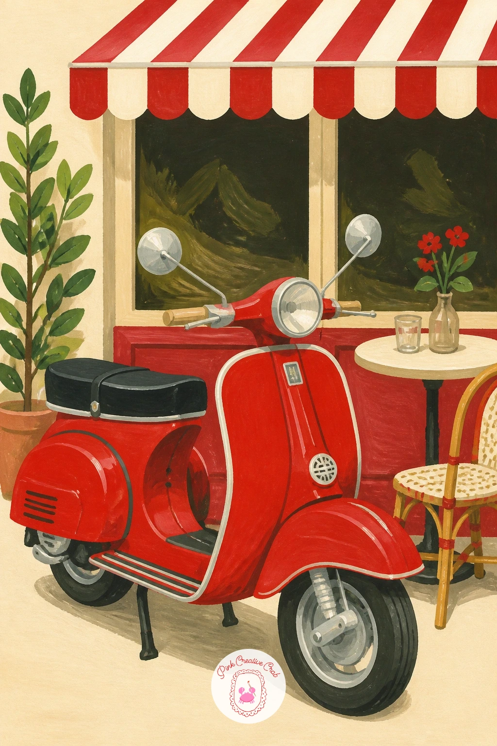 Red Vintage Scooter by a Cafe — From snow to sunshine: a red vintage scooter parked outside a cafe. Red painting
