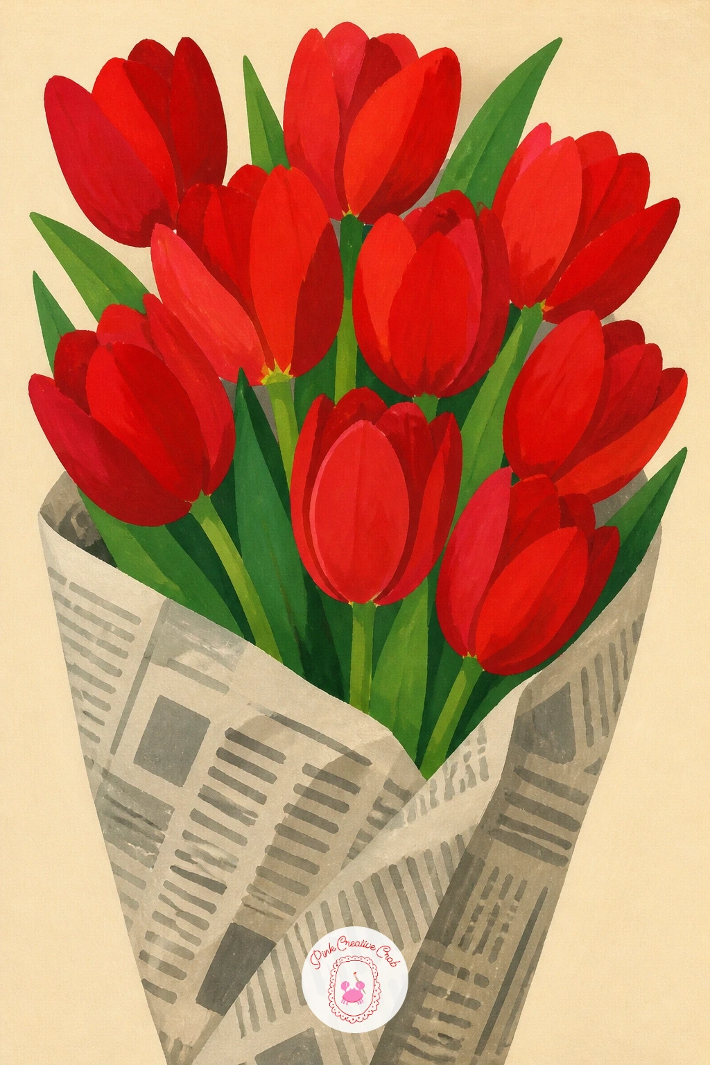 Red Tulip Bouquet Wrapped in Newspaper — Bring the flowers back with a bouquet instead of a field. Red painting