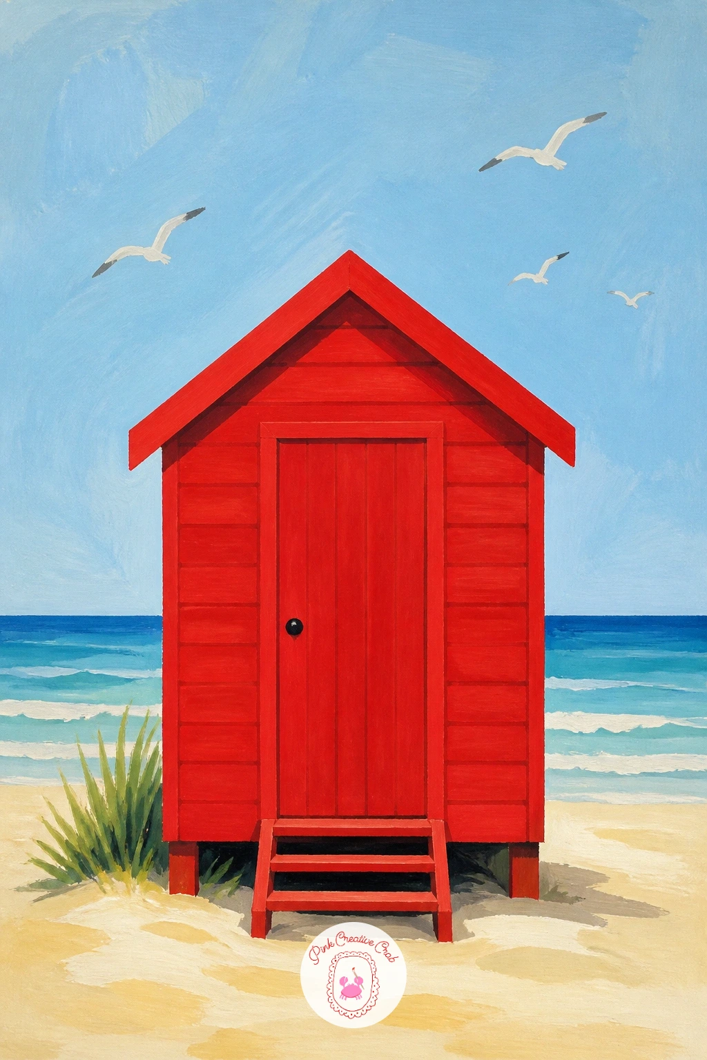 Red Beach Hut by the Sea — Take the red somewhere coastal: a single beach hut on the sand. Red painting