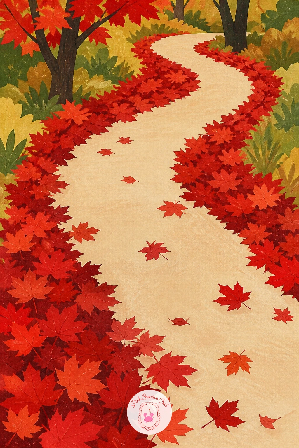 Red Ribbon of Maple Leaves Along a Path — Trade the orchard for an autumn path lined with maple leaves. Red painting