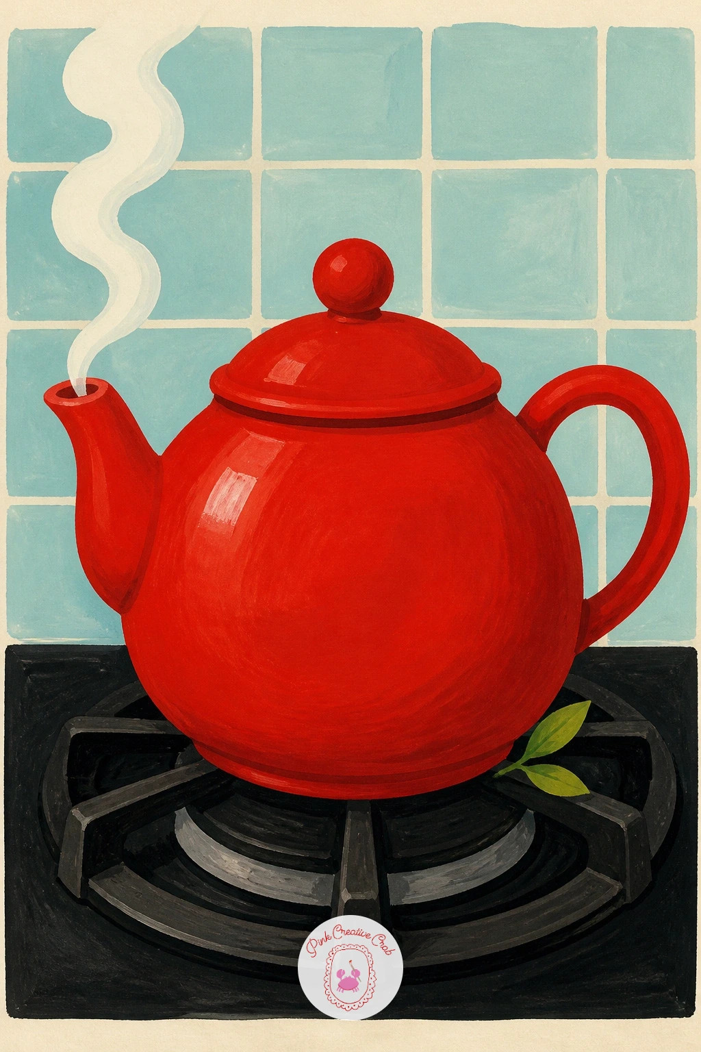 Red Teapot on a Stove — Step indoors for something cozy: a red teapot sitting on a stovetop. Red painting