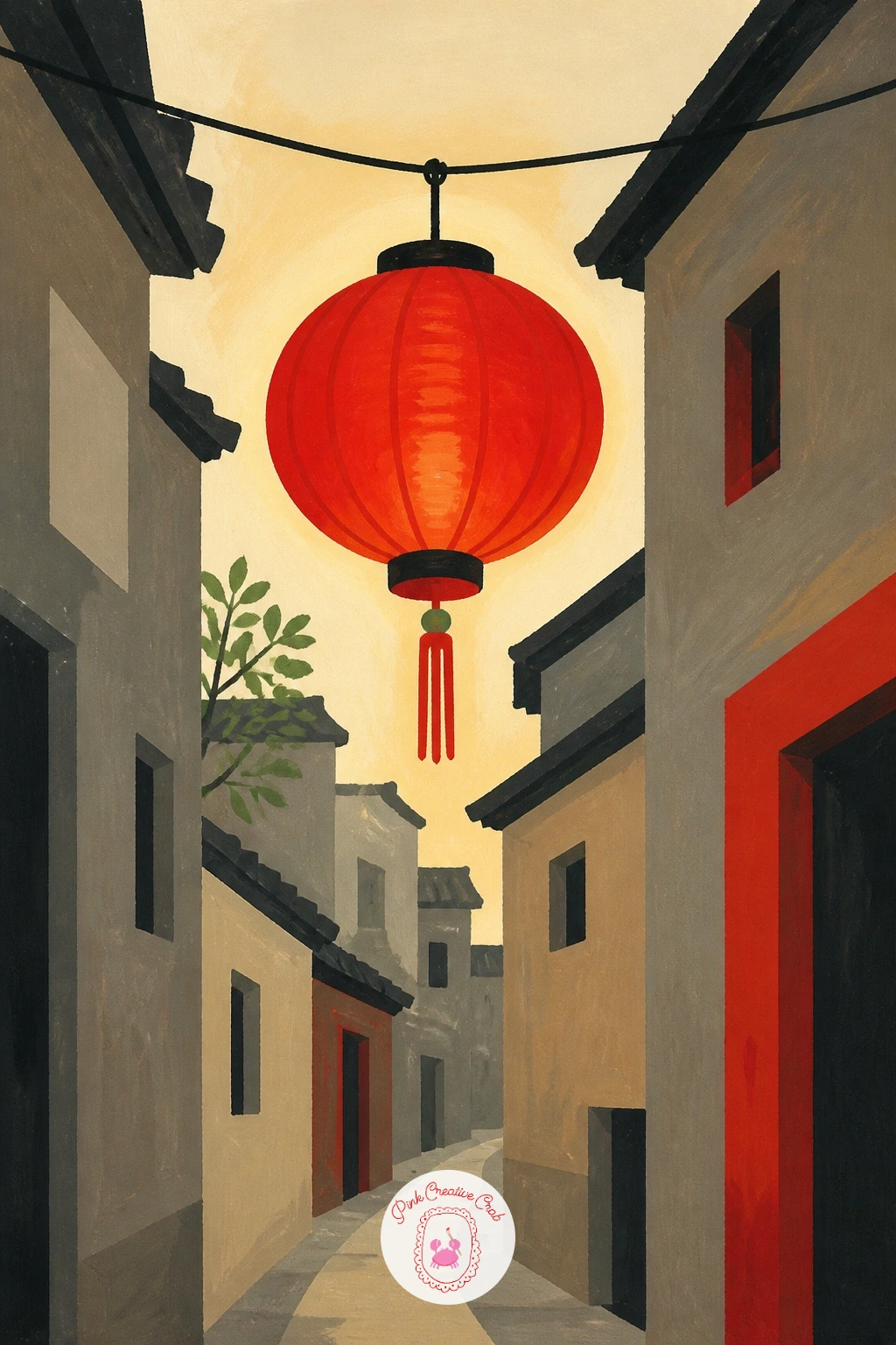 Red Lantern Above a Narrow Street — Take the red up high this time, hanging above a narrow street. Red painting