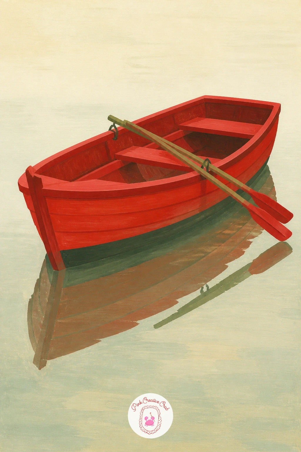 Red Rowboat on a Pale Lake — Bring the scene back out into open air with a rowboat on still water. Red painting