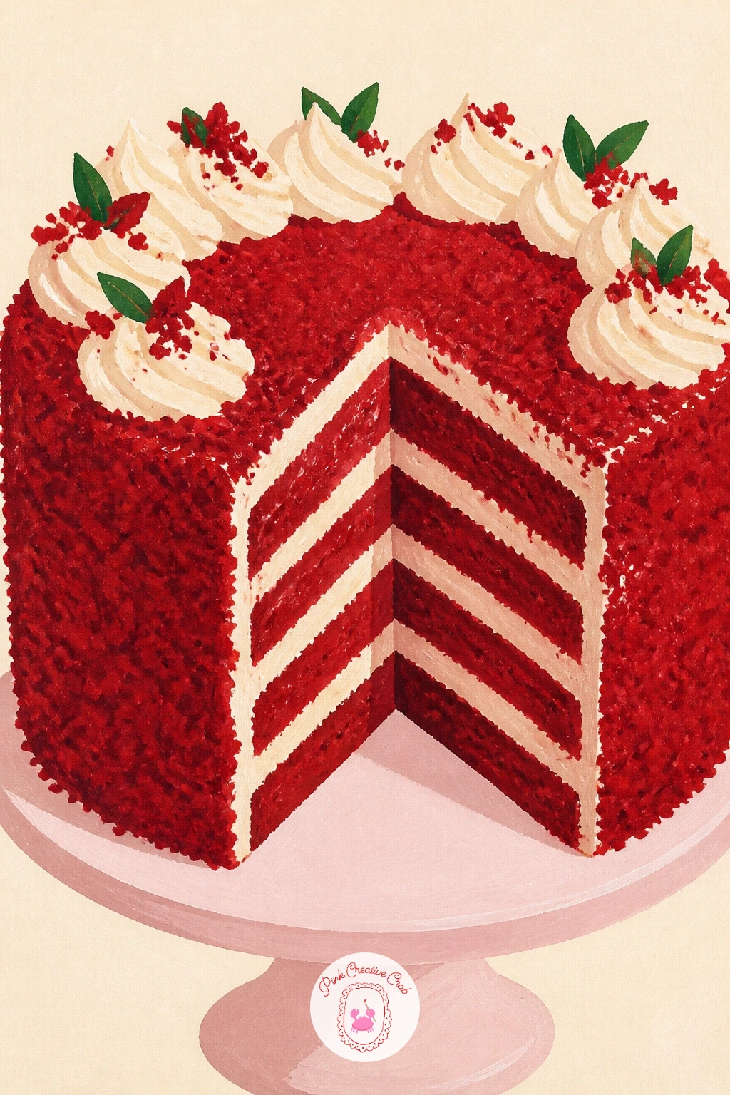Red Velvet Cake With a Slice Cut — Head back indoors for dessert: a red velvet cake with one slice already cut away. Red painting
