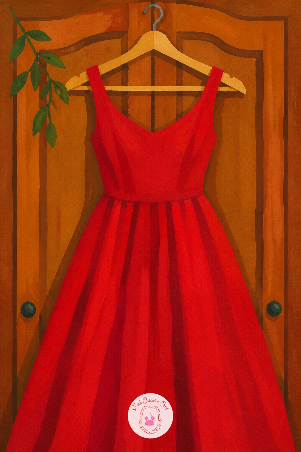Red Dress Hanging on a Wardrobe Door — Turn to something quieter and more personal: a red dress on a hanger. Red painting