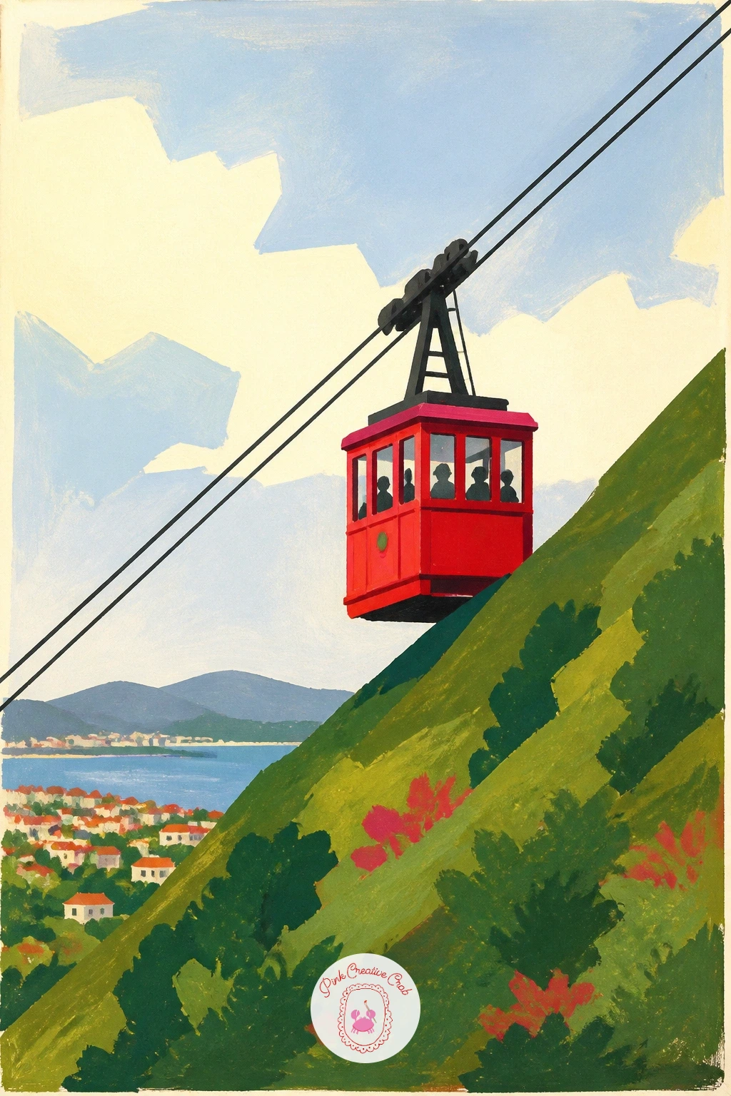 Red Cable Car Climbing a Hill — Send the red uphill with a cable car crossing a steep view. Red painting