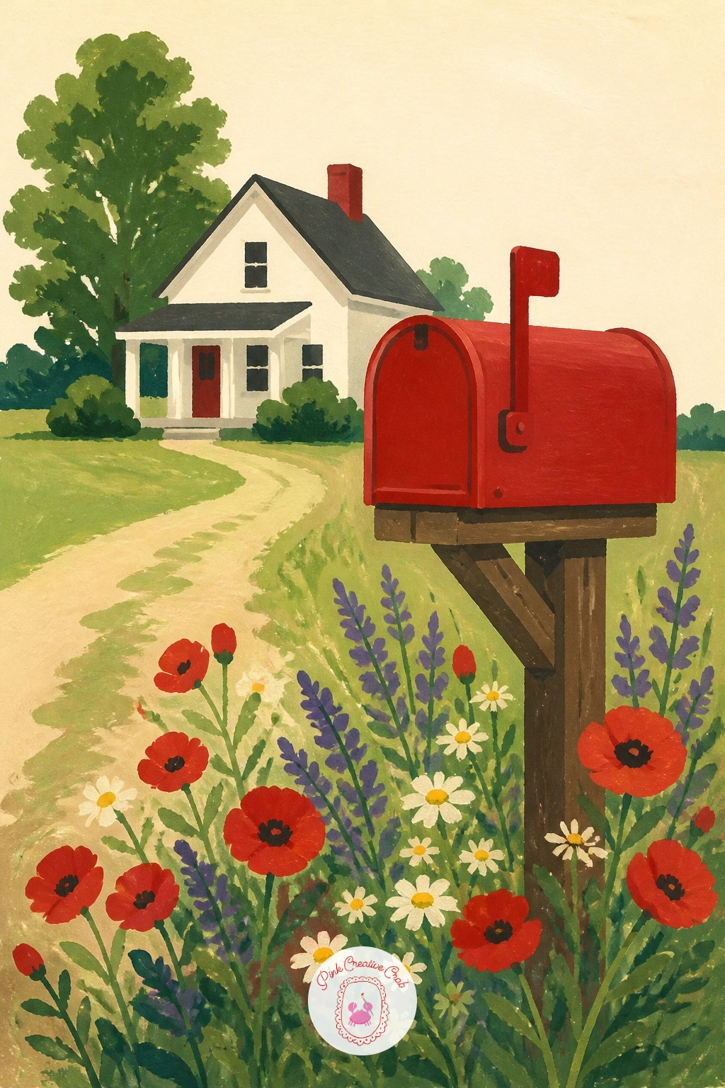Red Mailbox in Front of a Farmhouse — Come back down to a quieter country scene: a red mailbox by the road. Red painting