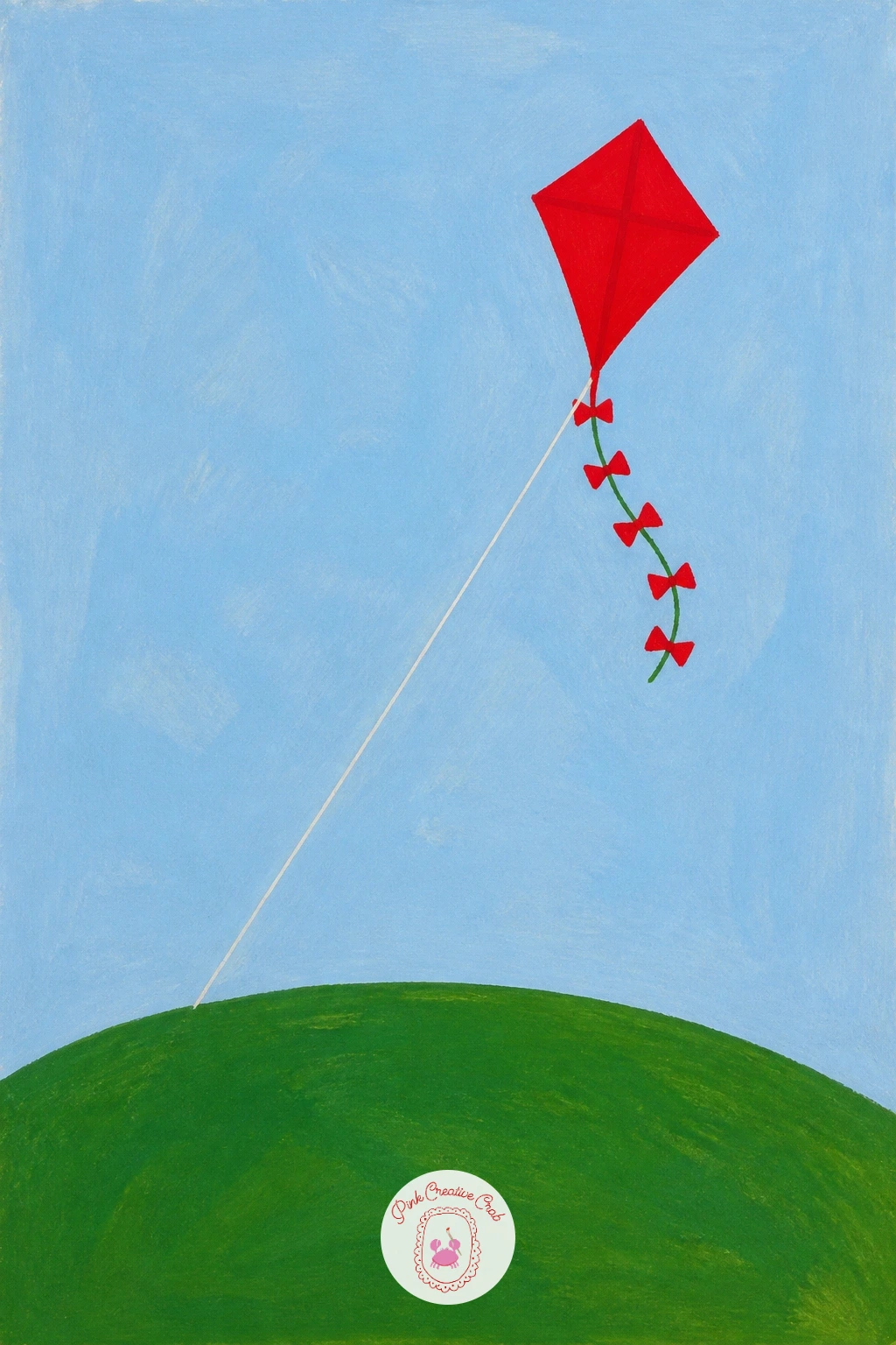 Red Kite Above a Green Hill — Take the red back outdoors and up into open sky: a kite flying over a hill. Red painting