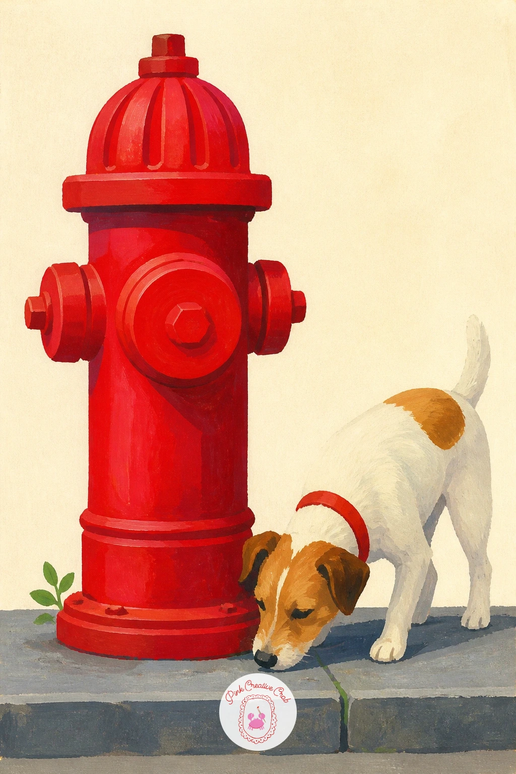 Red Fire Hydrant With a Dog Beside It — Bring in a little street humor: a red fire hydrant with a dog sniffing beside it. Red painting