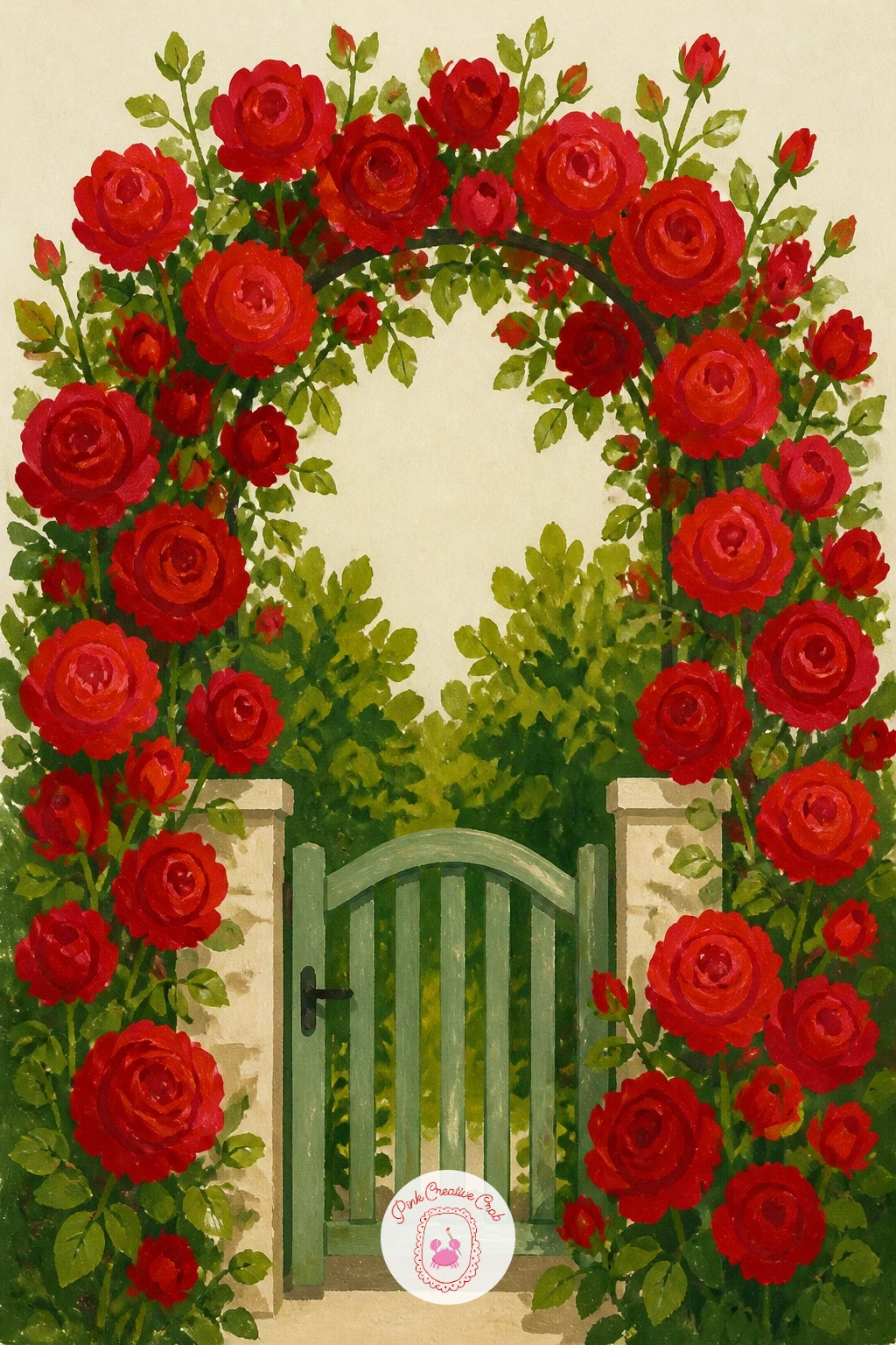 Red Rose Arch Over a Garden Gate — Return to flowers with something more architectural: a rose arch over a gate. Red painting