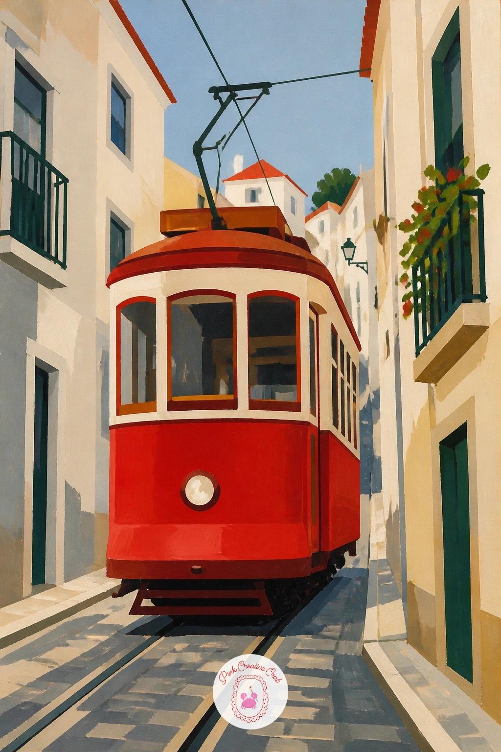 Red Tram in Lisbon — Head somewhere further afield with a tram climbing a narrow Lisbon street. Red painting