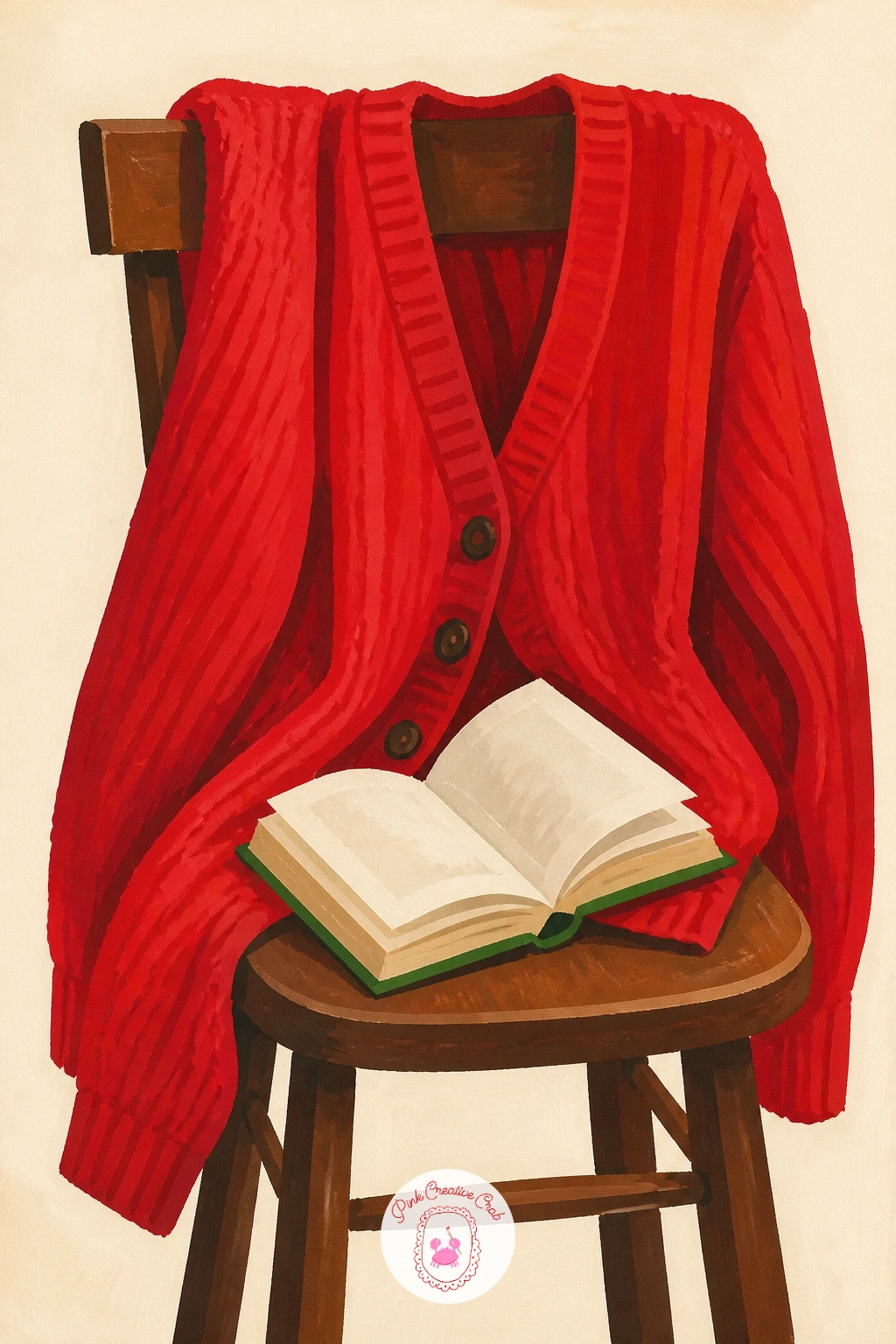 Red Cardigan on a Chair With a Book — End on something still and comforting: a red cardigan draped over a chair beside an open book. Red painting