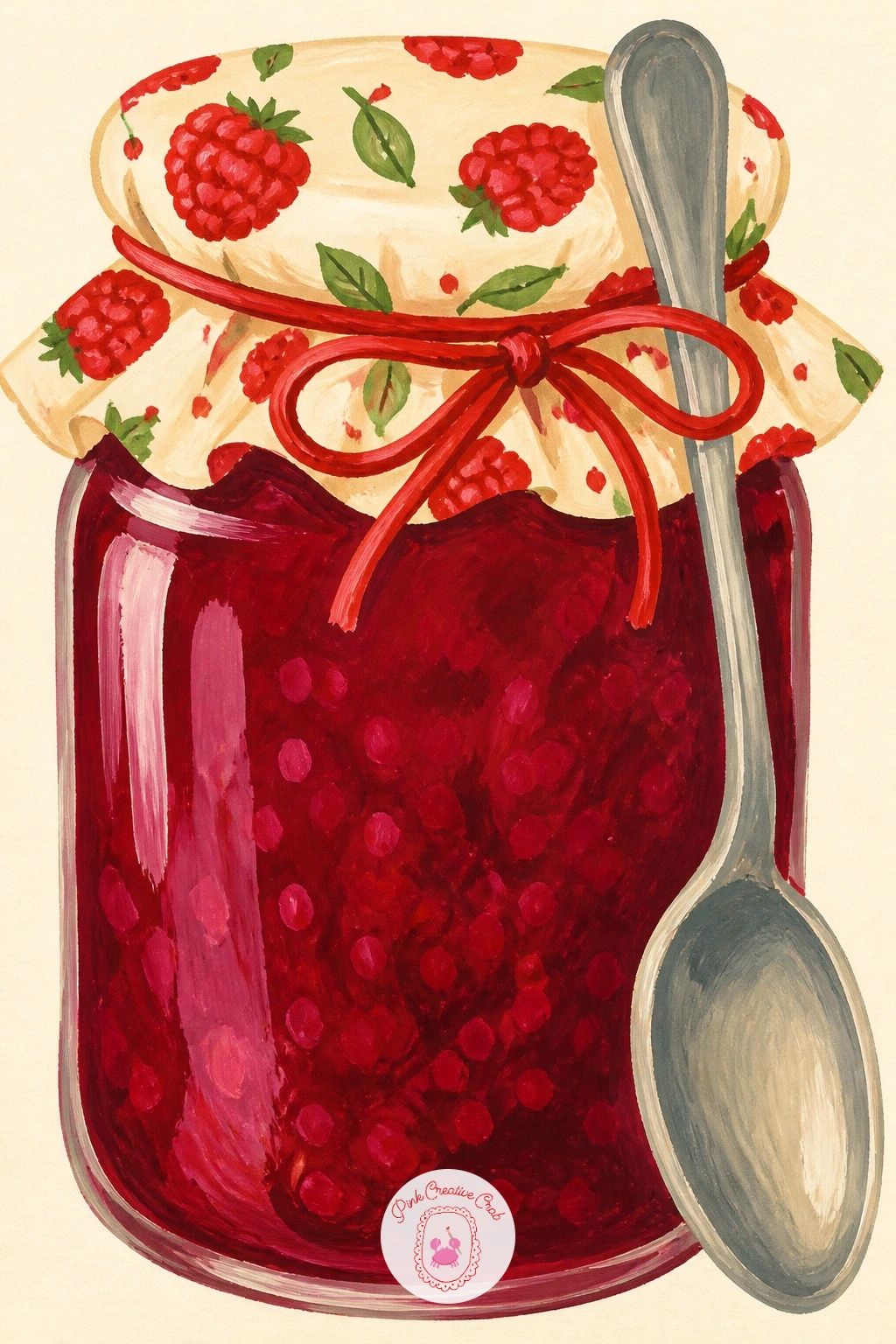 Raspberry Jam Jar With a Spoon — Close the whole list the way a good picnic ends: with a jar of raspberry jam. Red painting